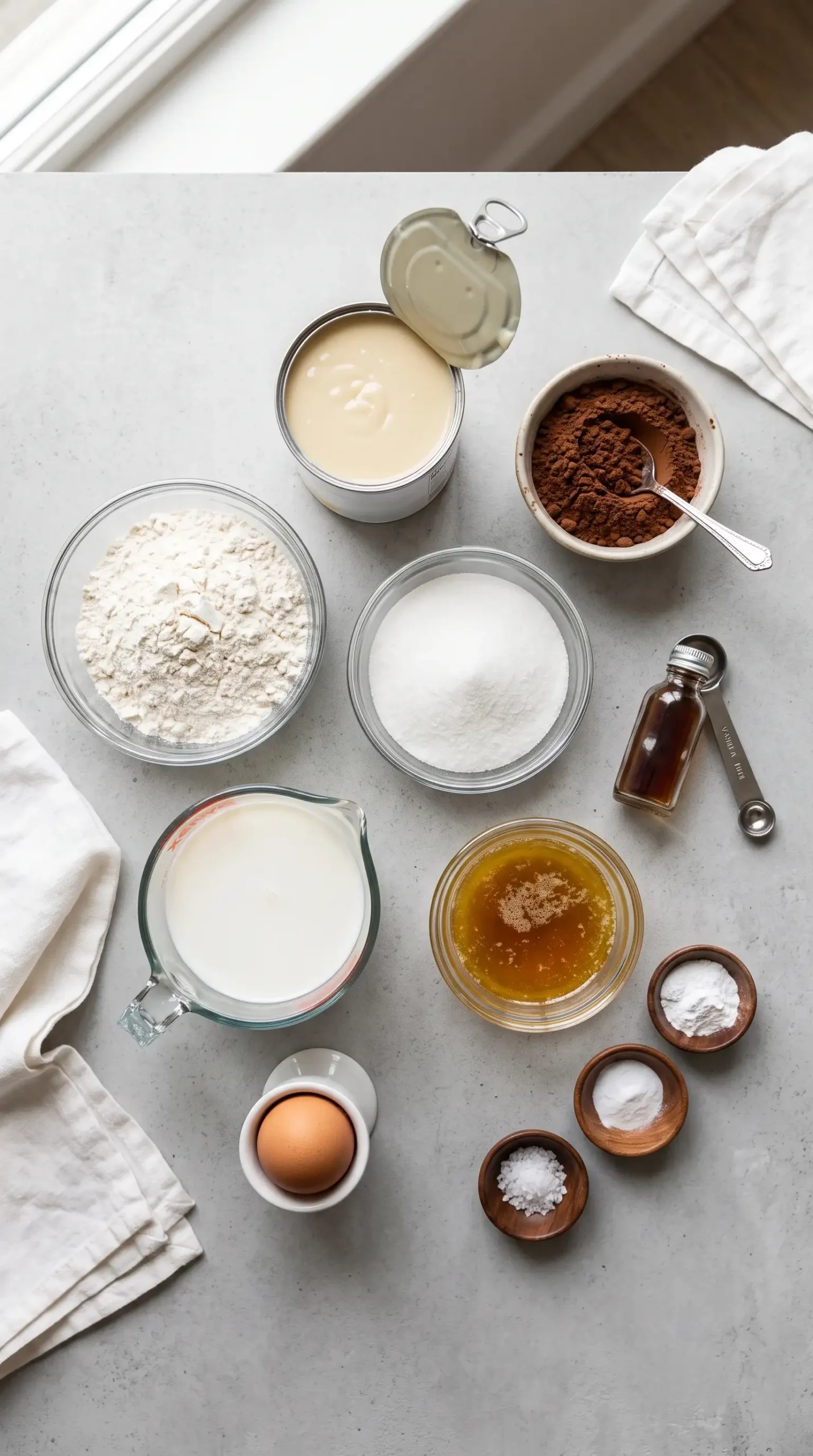 Ingredients for Chocolate Sweet Cream Marble Loaf including condensed milk, cocoa powder, flour, and baking items