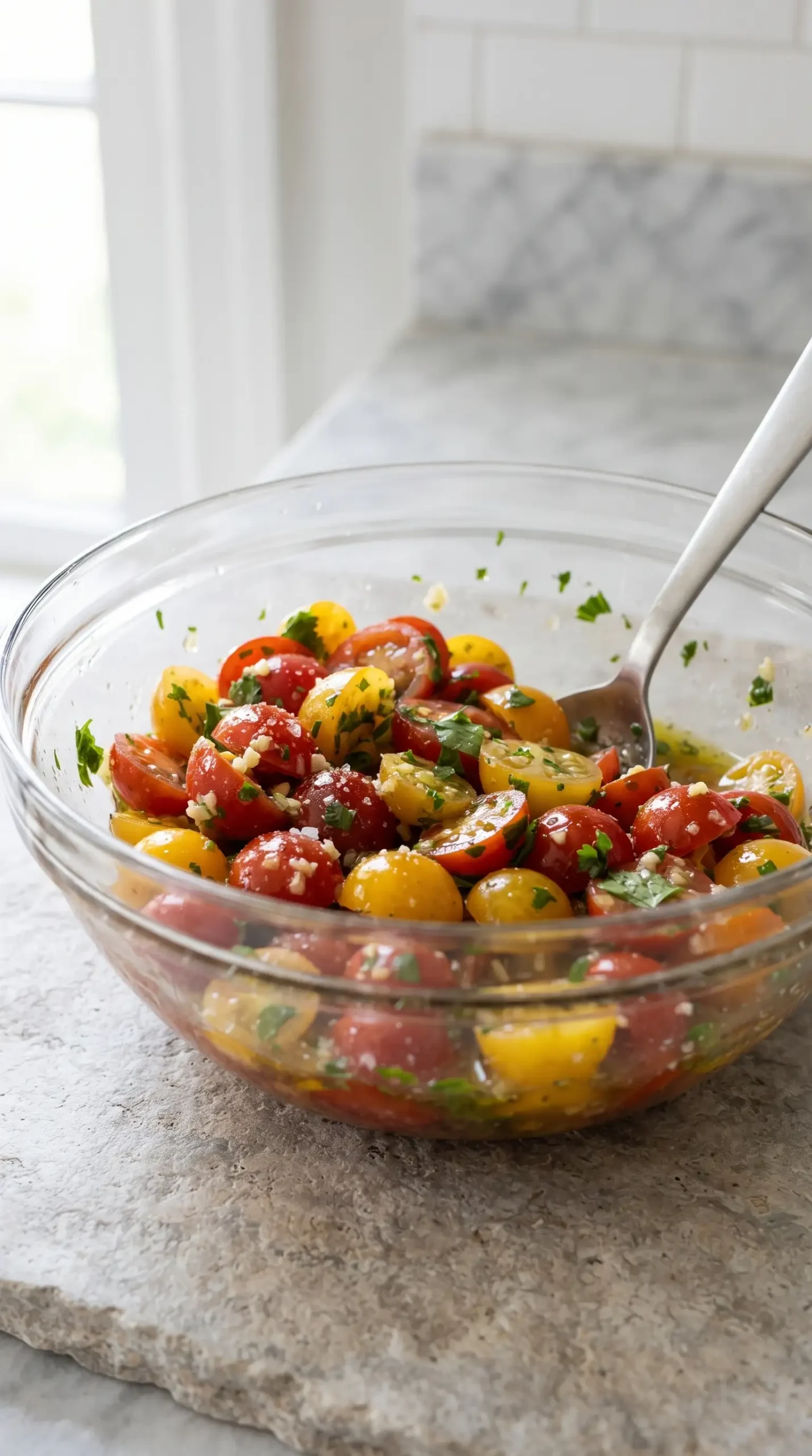 Cherry tomatoes marinating with garlic, herbs, olive oil, and vinegar in a glass bowl