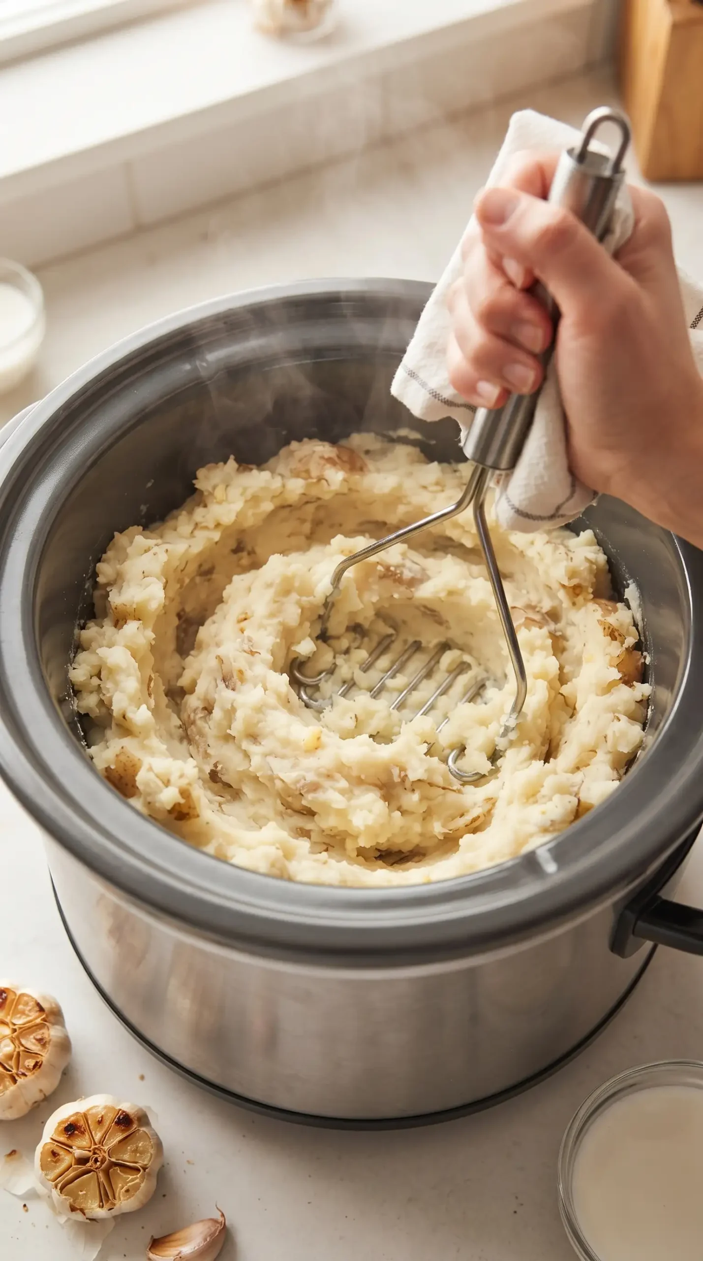 Tender potatoes being mashed in a slow cooker for garlic mashed potatoes