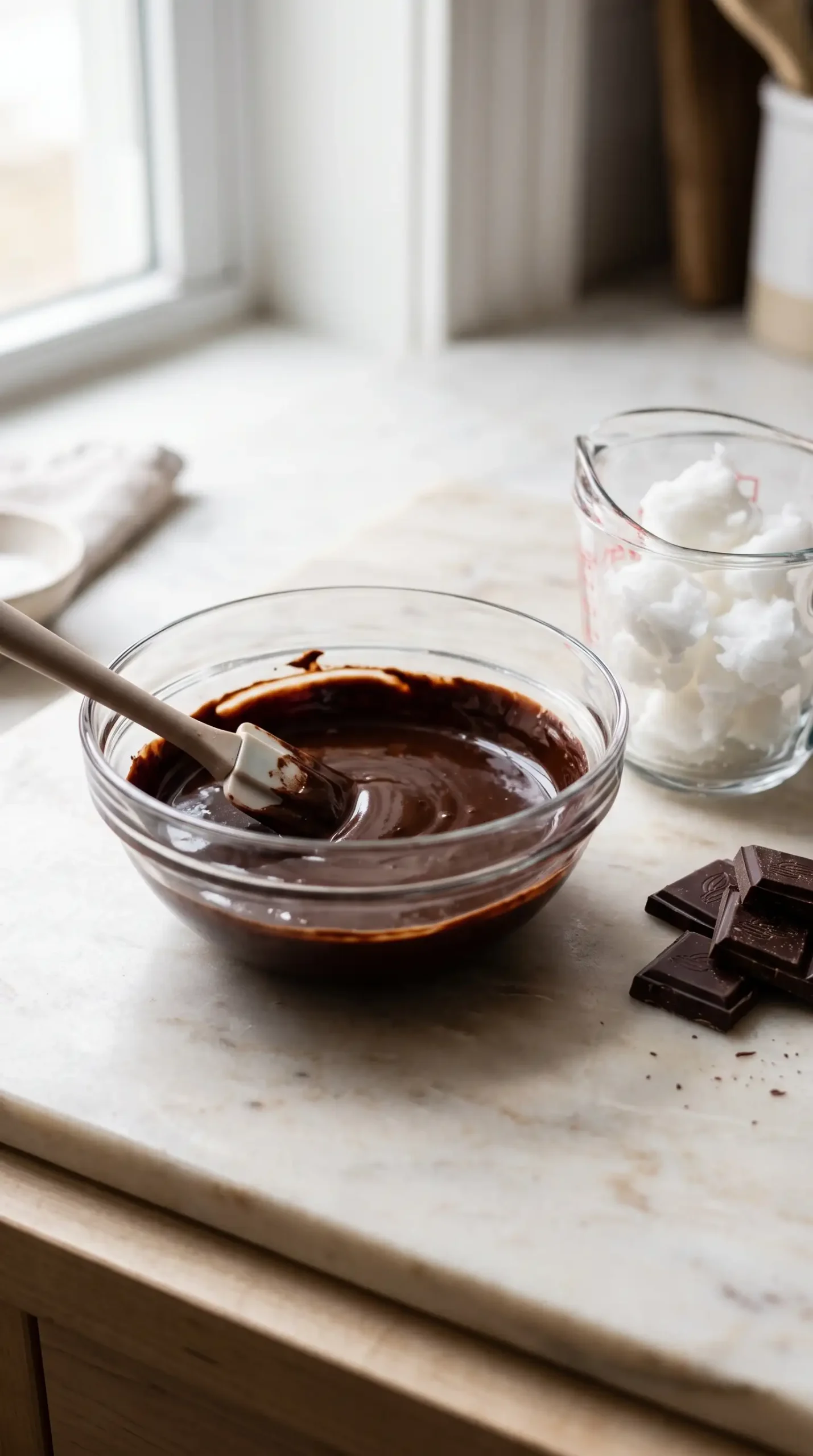 Melted chocolate and coconut oil mixture for making coconut oil brownies