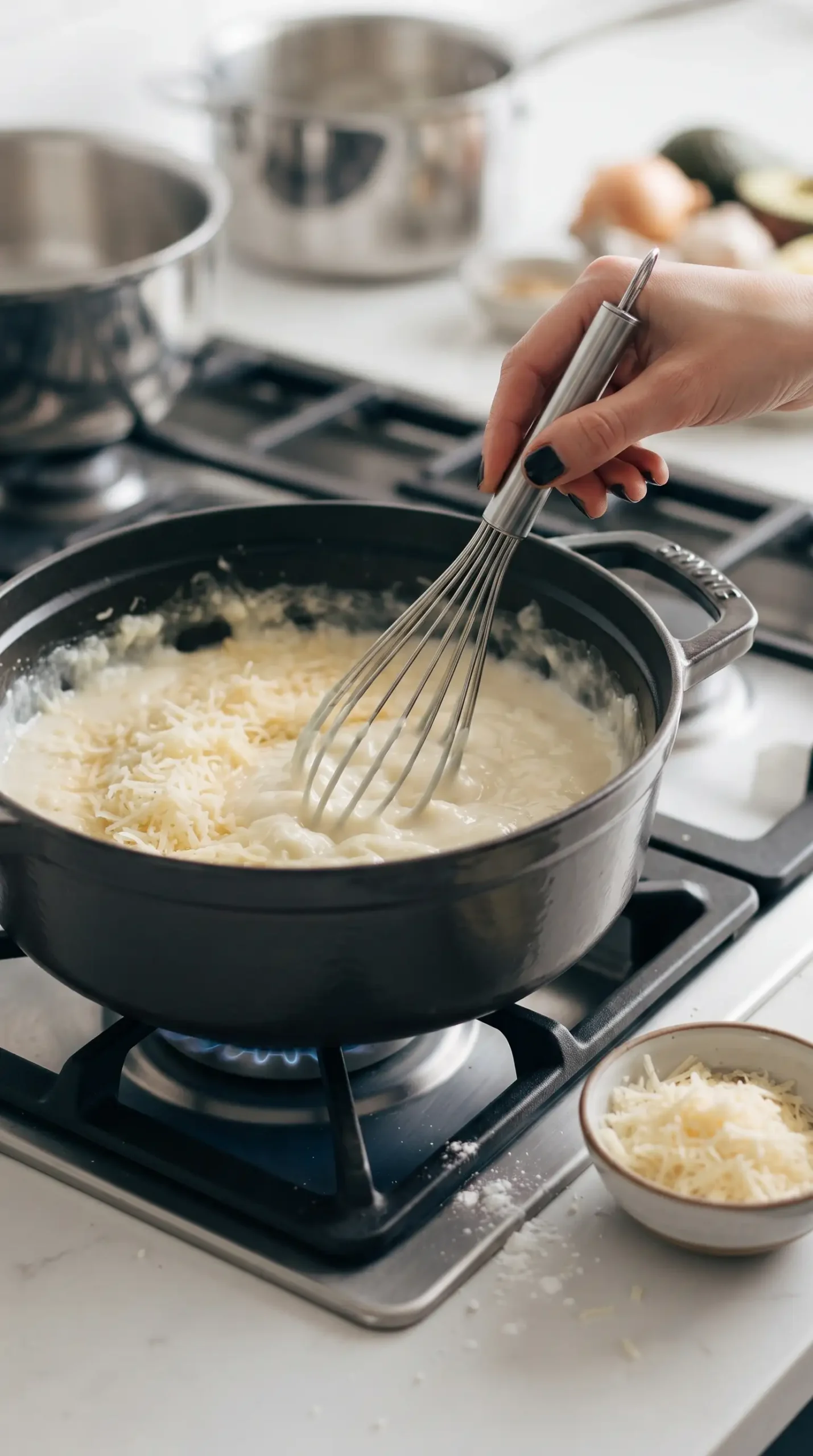 Swiss fondue sauce being prepared with melted cheese and white wine in a pot