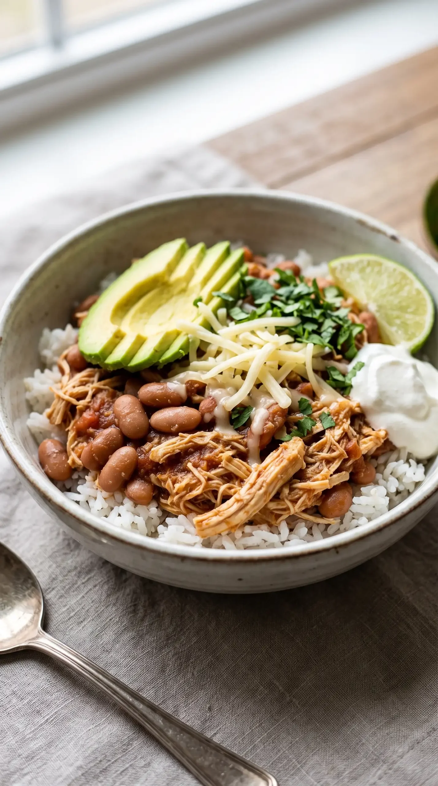 Crockpot Mexican chicken with pinto beans served over rice with avocado, cheese, and cilantro
