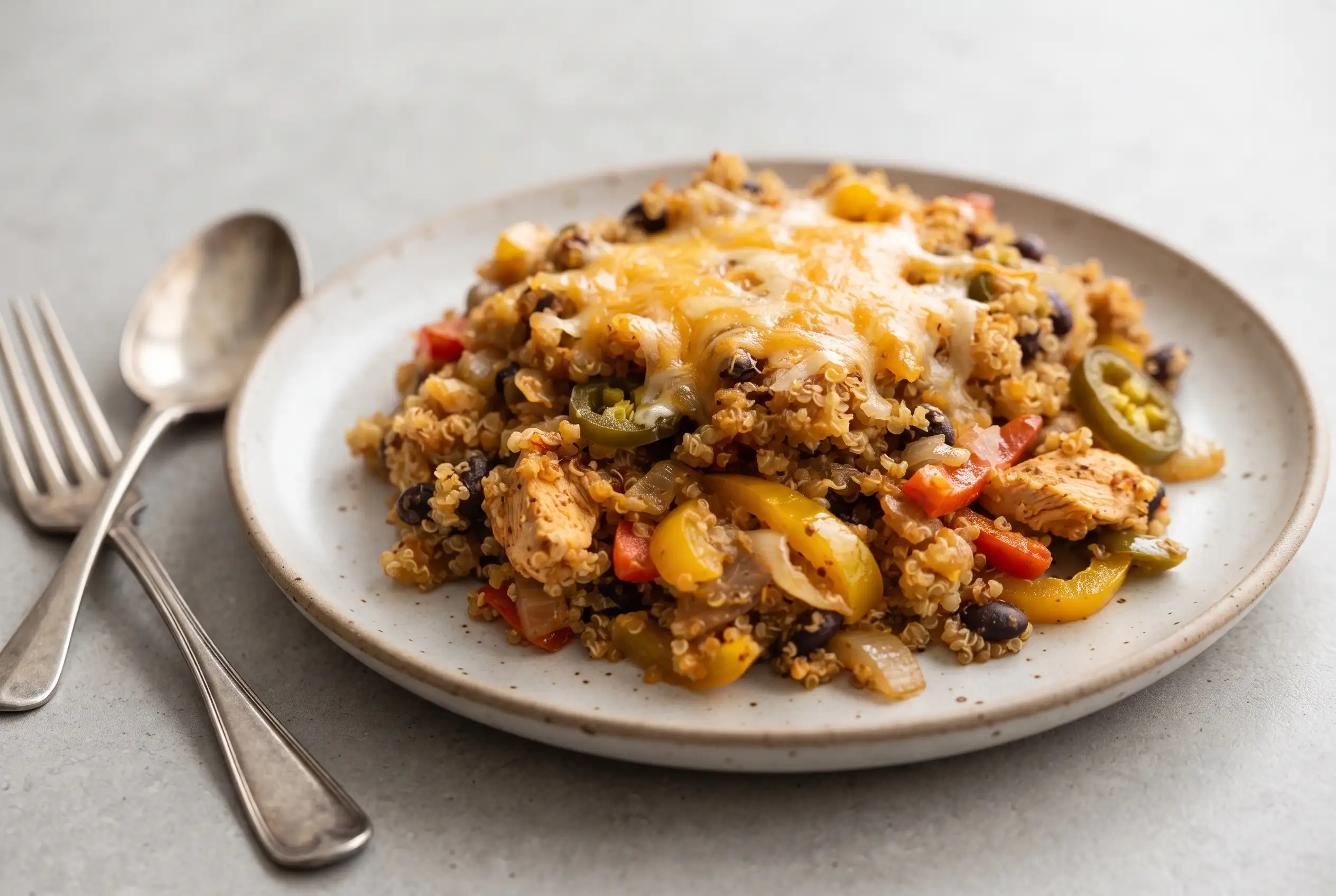 Chicken quinoa casserole with black beans, salsa, vegetables, and melted cheese on a plate