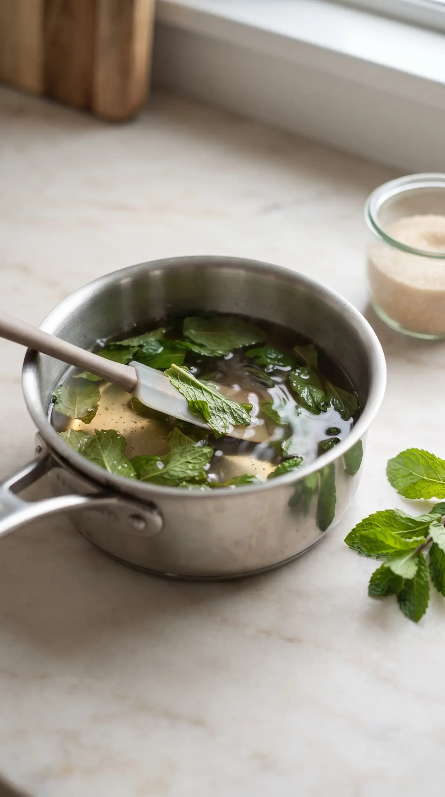 Fresh mint leaves steeping in sugar syrup for homemade peppermint mocha