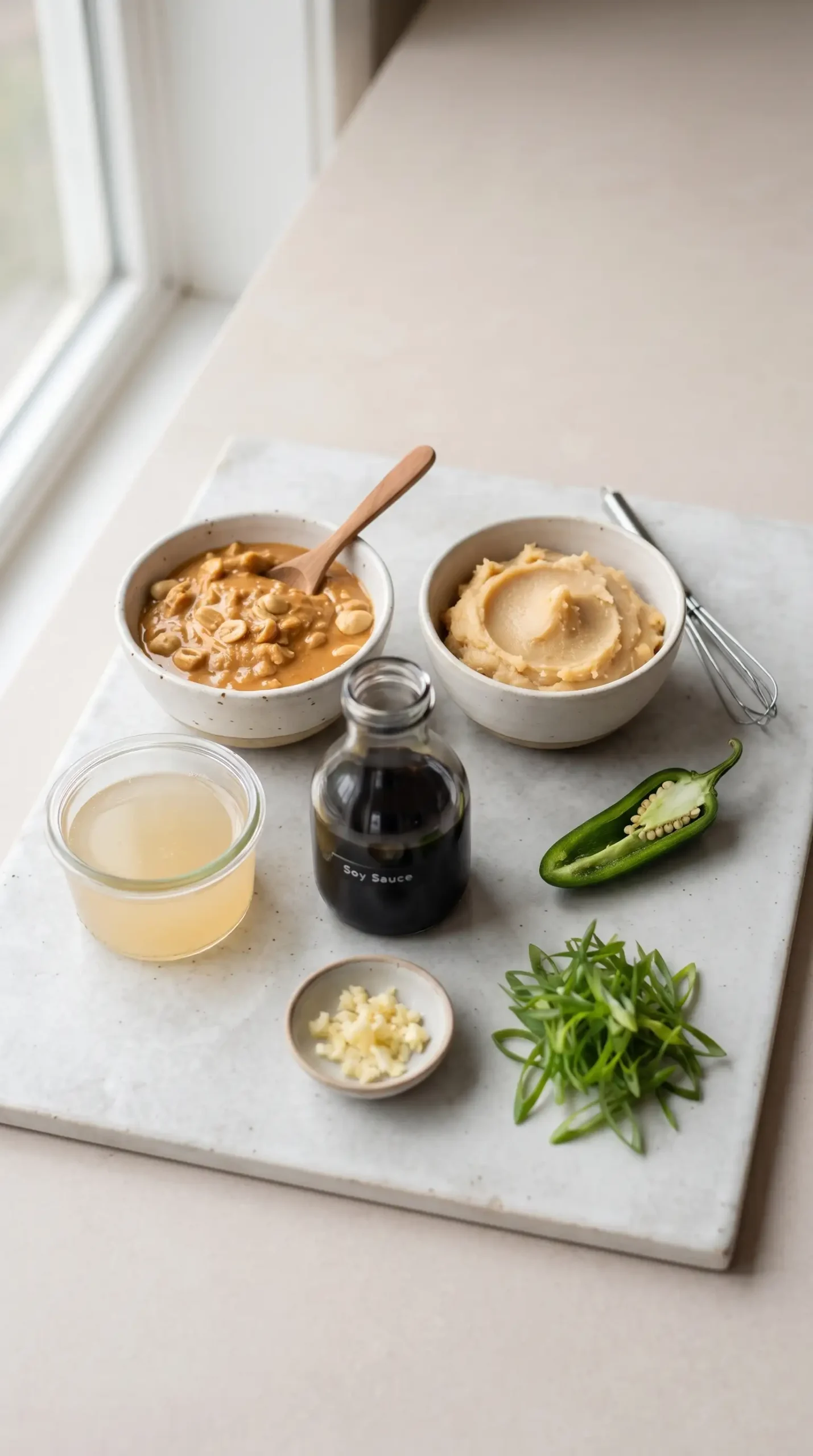 Miso peanut sauce ingredients with peanut butter, miso, broth, soy sauce, garlic, and green onions
