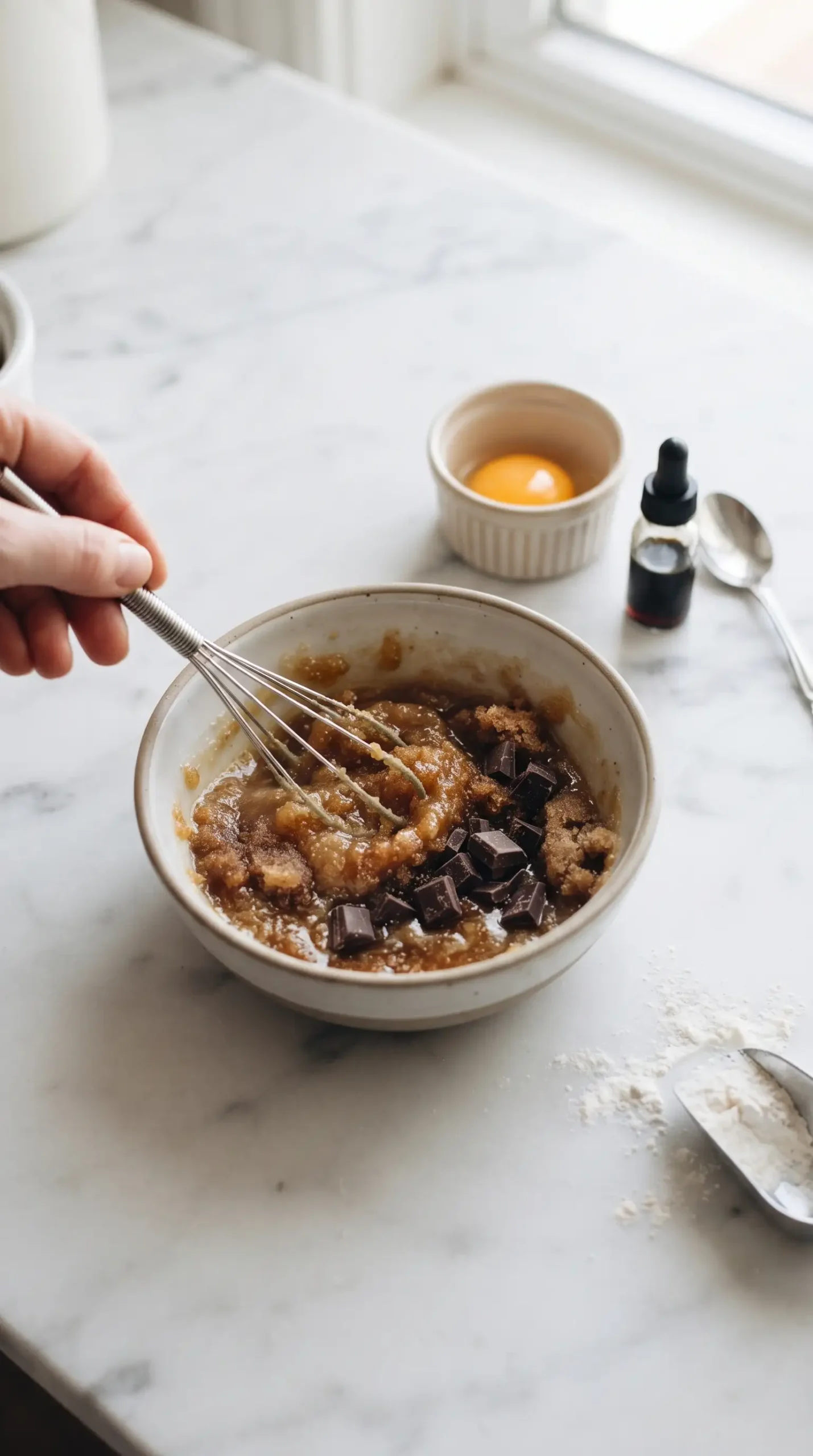 Melted butter and brown sugar being whisked together for deep dish cookie bowls