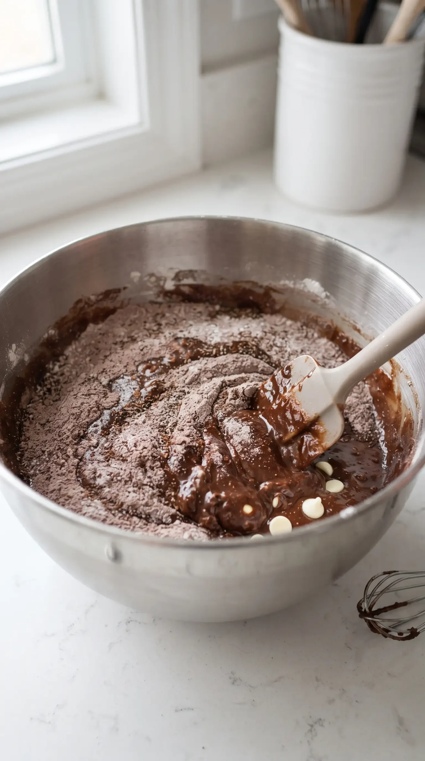 Chocolate cake mix cookie dough being mixed with butter and other ingredients