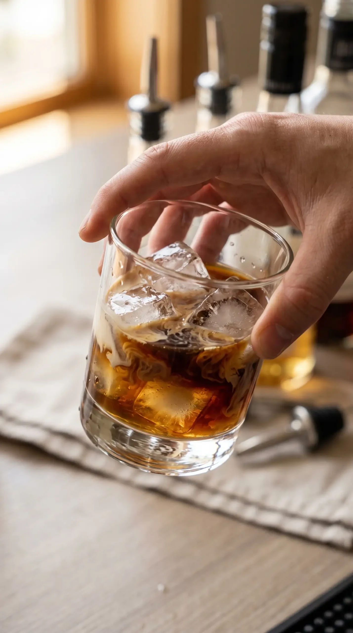 Cinnamon White Russian ingredients being mixed with ice in a rocks glass