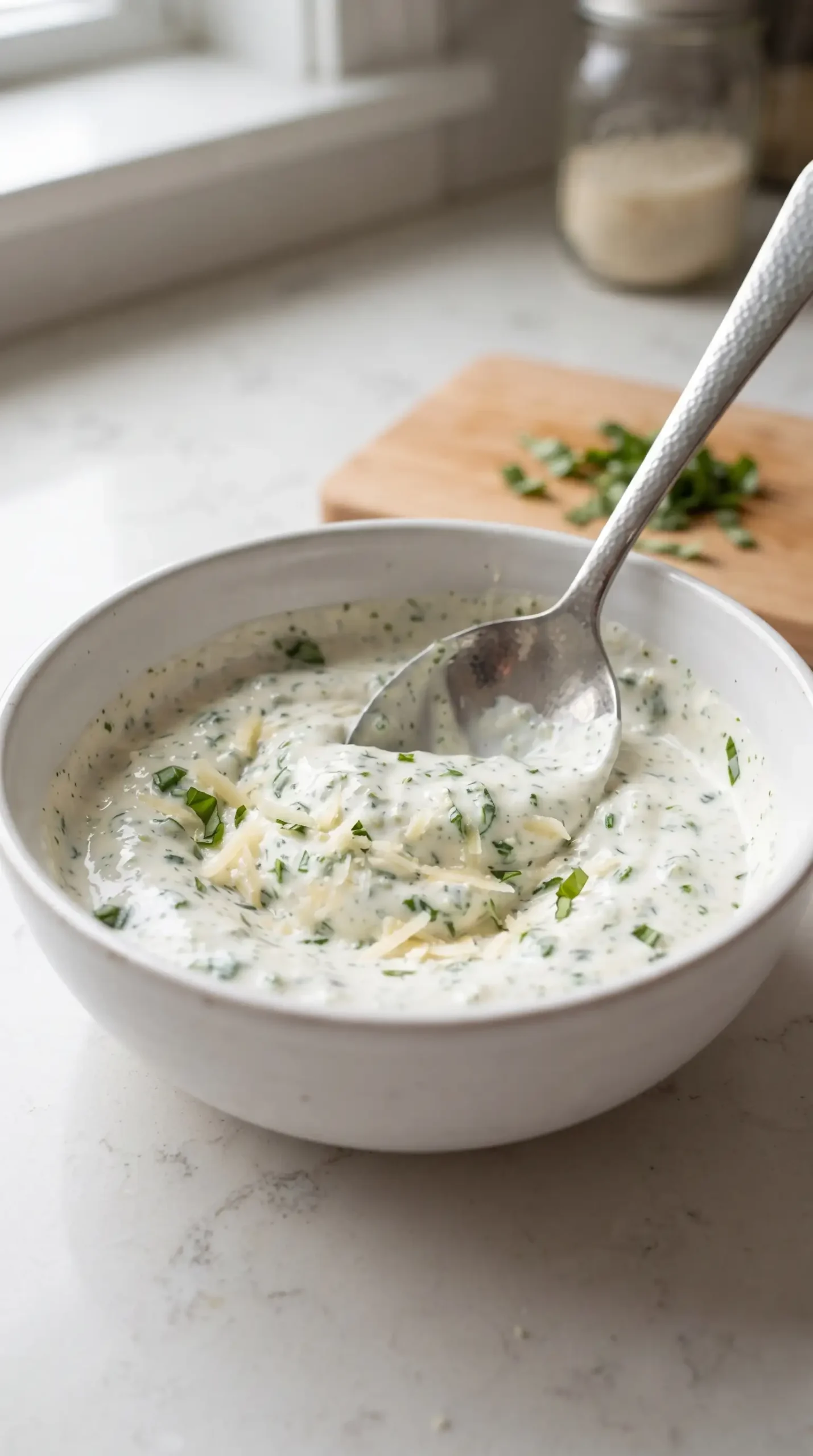 Creamy basil dip ingredients mixed together in a bowl with fresh basil and Parmesan