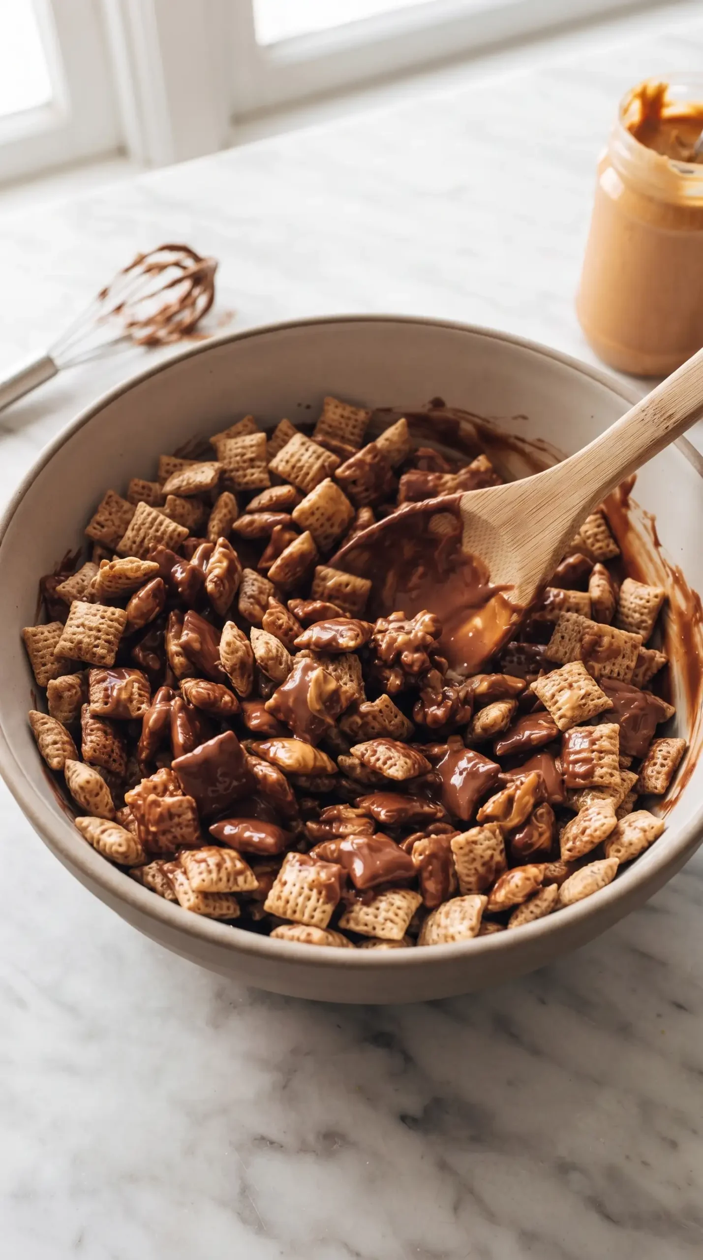 Rice Chex cereal being mixed with chocolate peanut butter coating for puppy chow