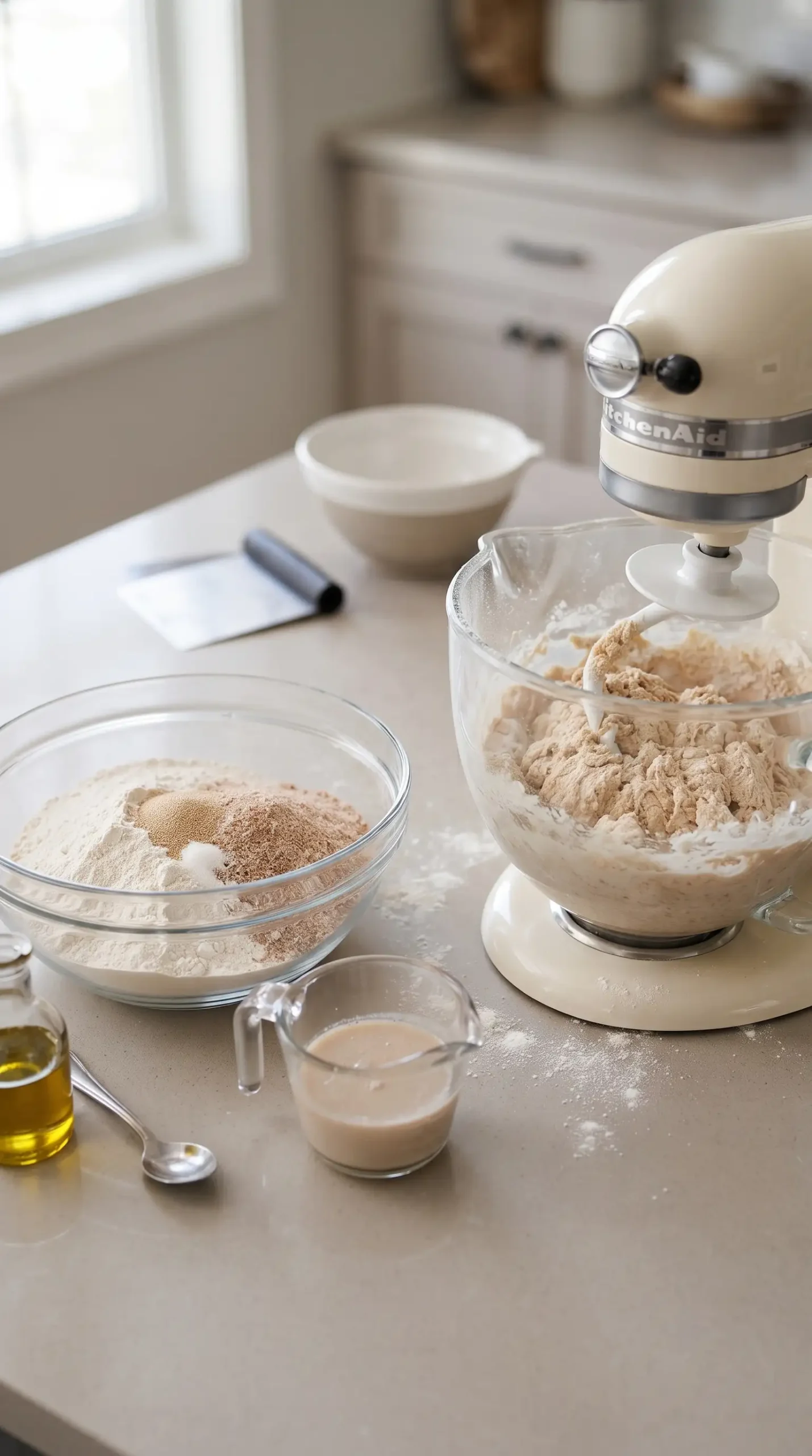 Flour, yeast, salt, oil, and warm water being mixed to form whole wheat pizza dough.