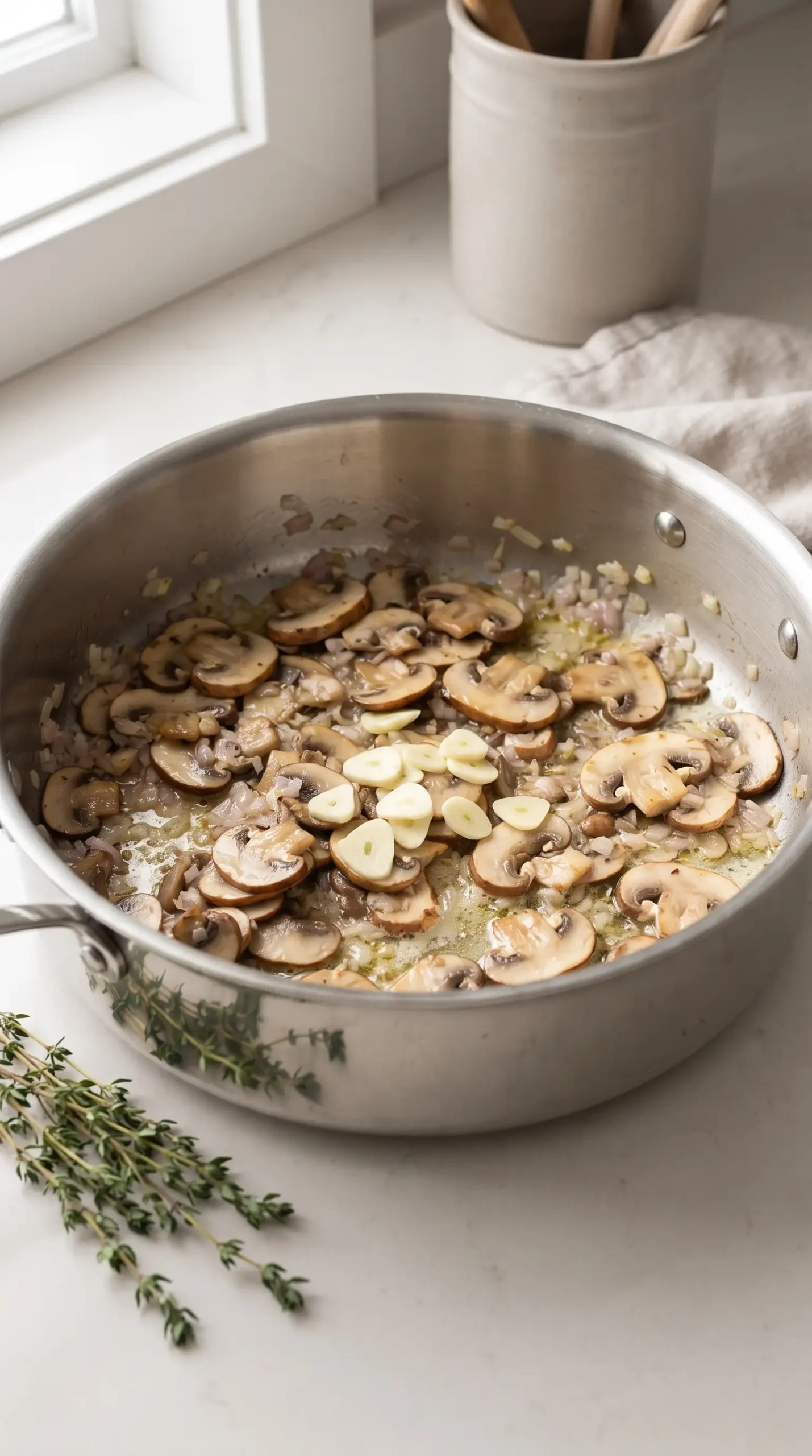 Sautéed mushrooms, shallots, garlic, and thyme cooking in a pot for creamy mushroom soup