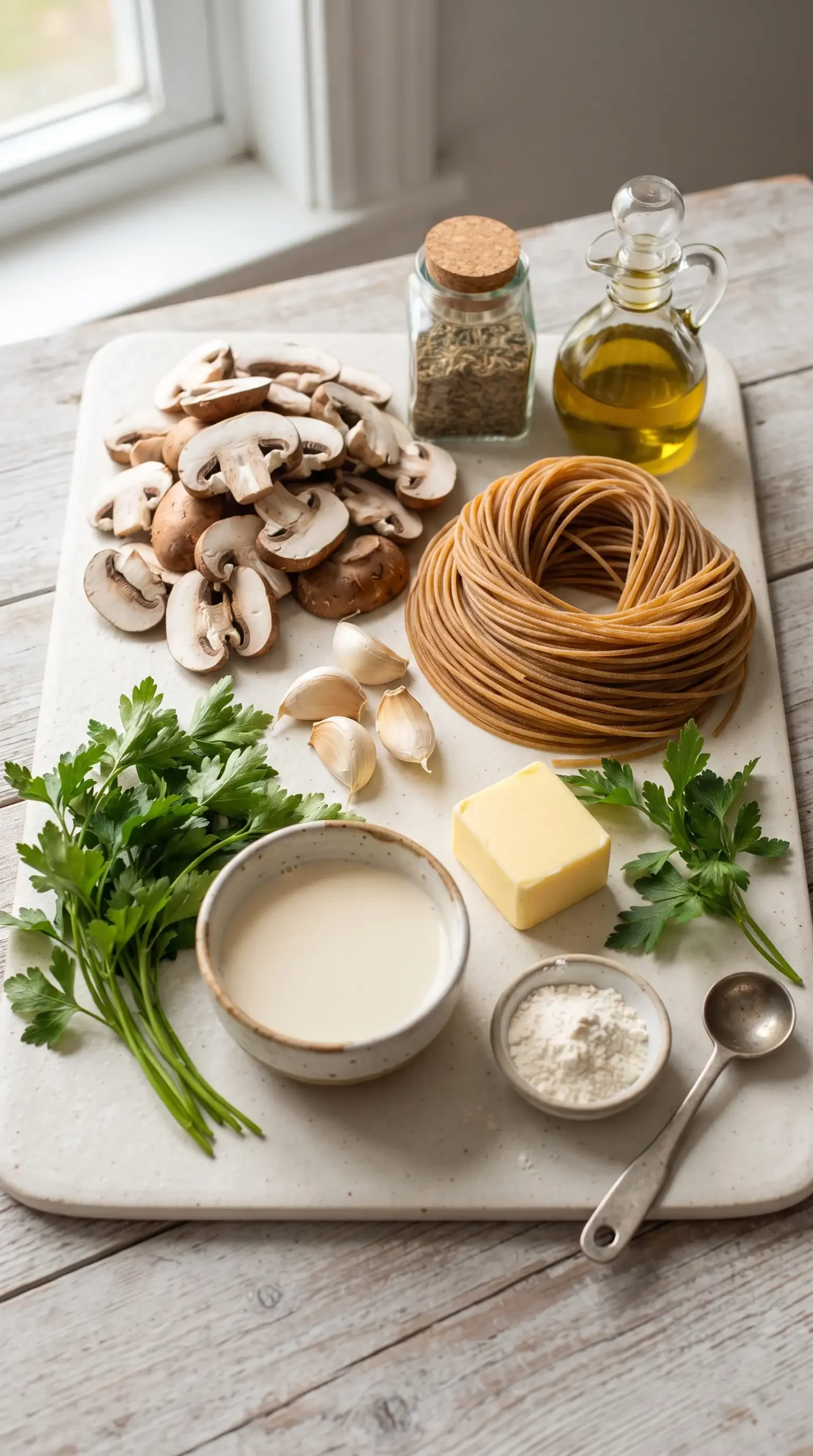 Fresh mushrooms, whole wheat spaghetti, garlic, parsley, and herbs arranged for pasta preparation