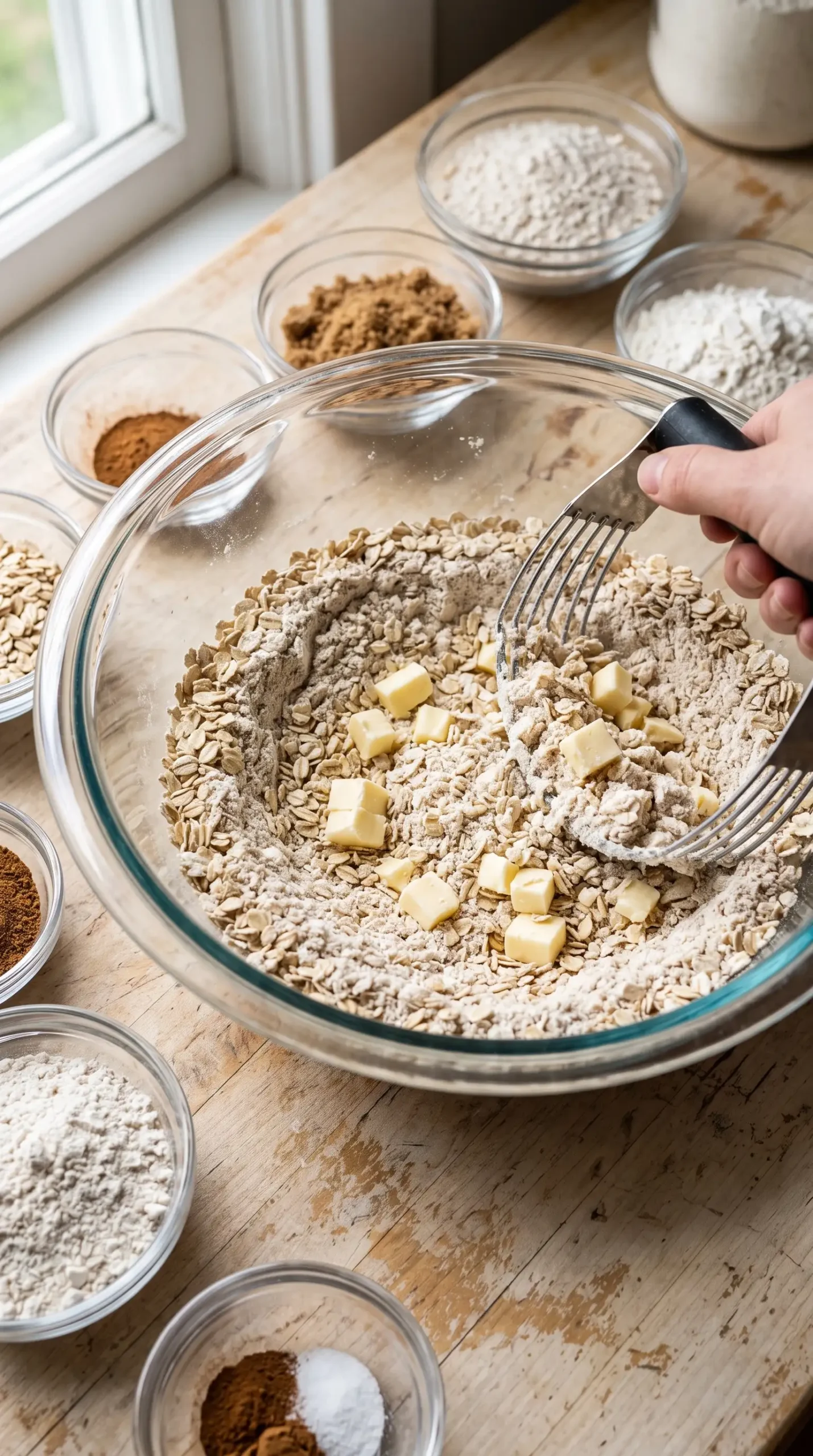 Oat flour, dry ingredients, and chilled butter prepared for chocolate graham bars