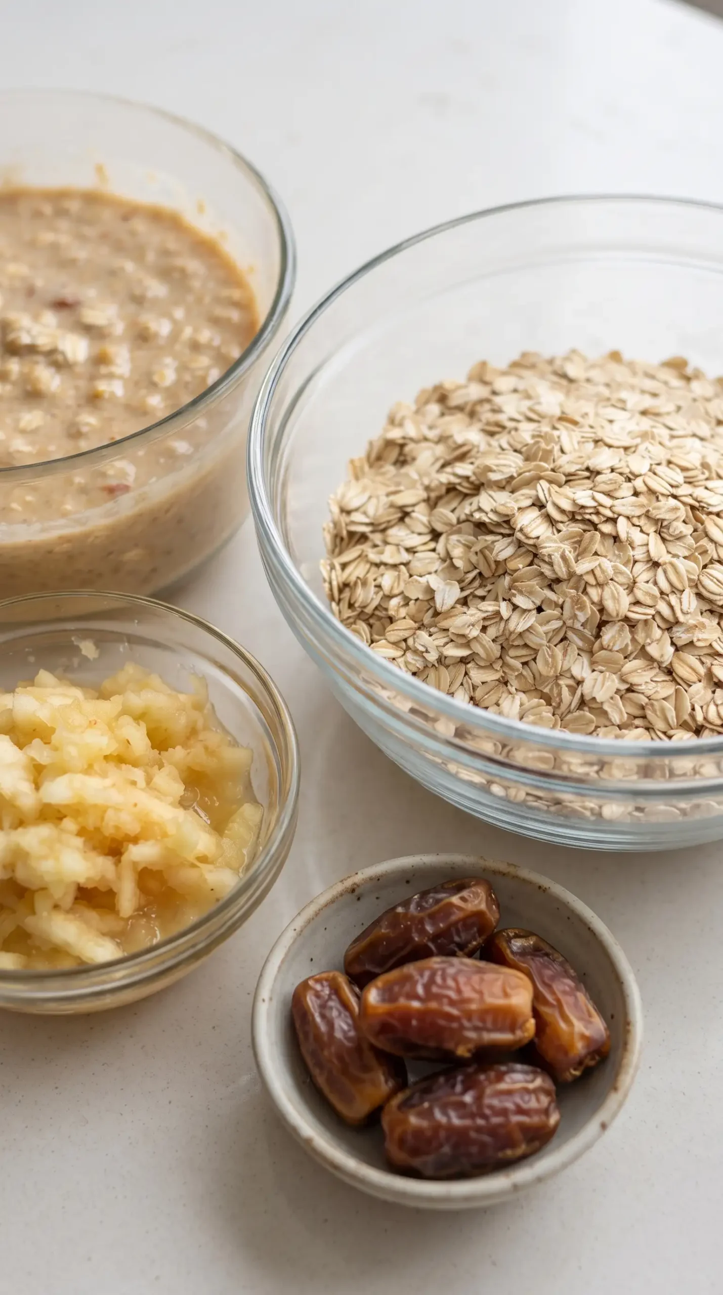 Rolled oats, Medjool dates, grated apple, and oat muffin batter ingredients