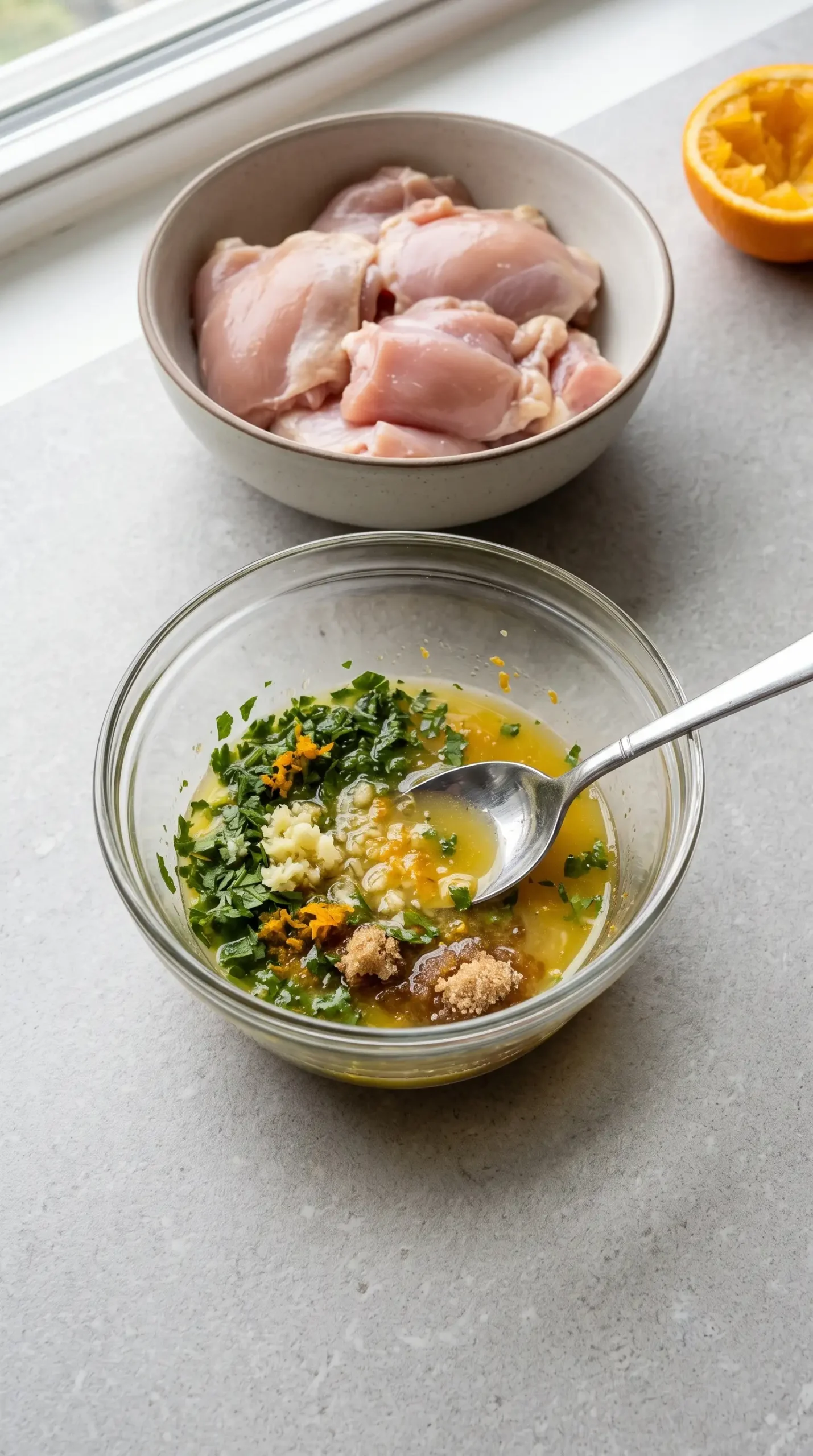 Orange chicken marinade with orange juice, cilantro, garlic, and chicken pieces