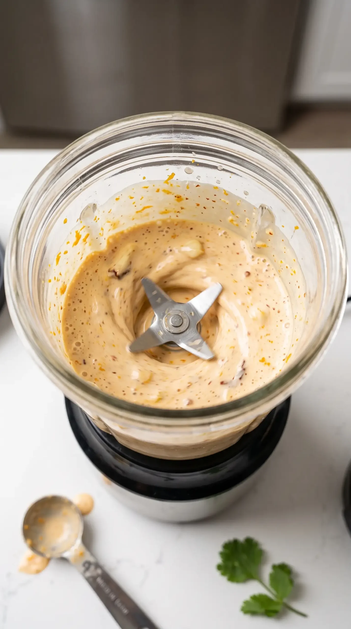 Creamy orange chipotle sauce with orange zest, garlic, and cream in a blender jar