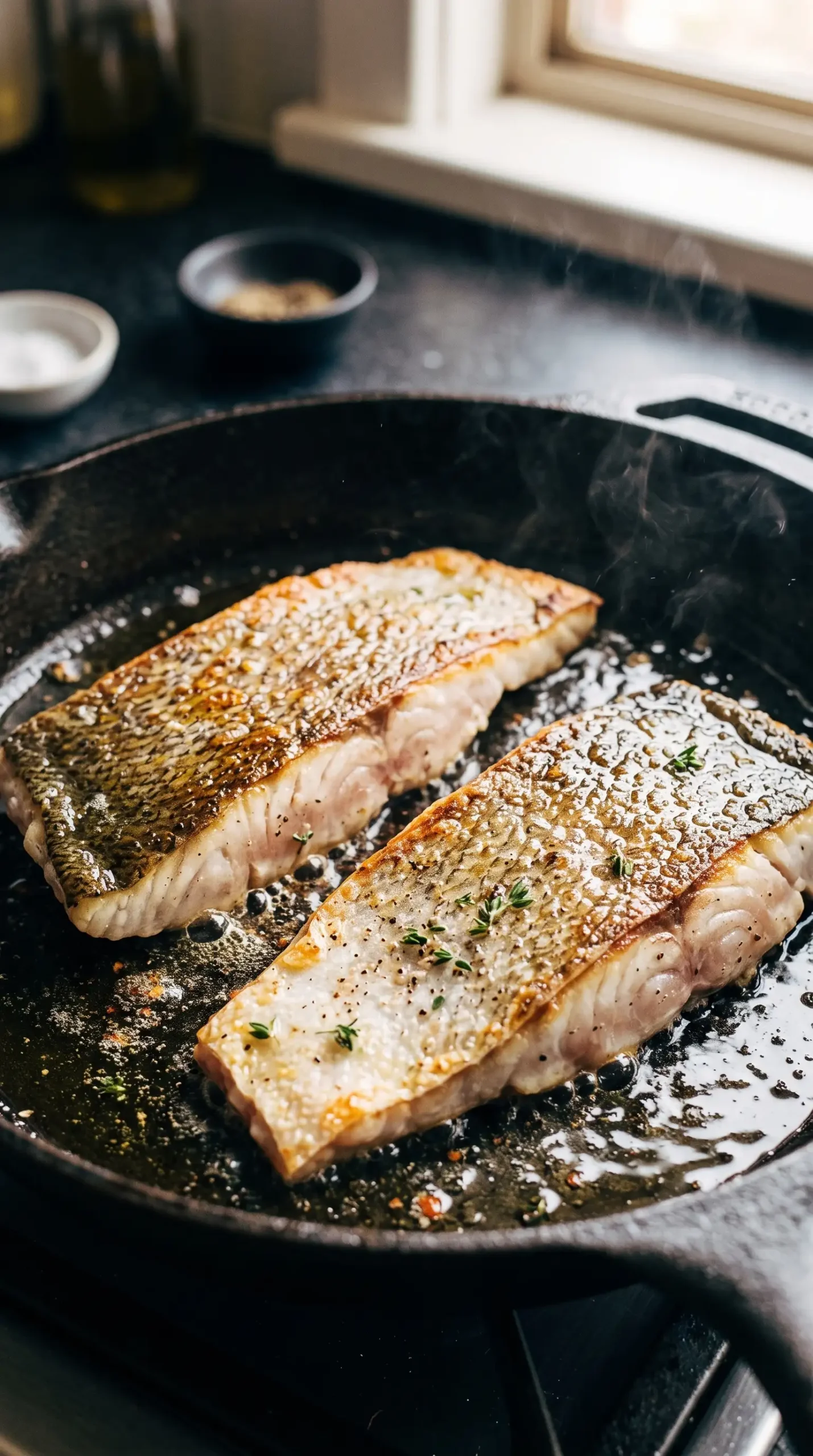 Skin-on Barramundi fillets pan frying in a skillet until golden and crisp