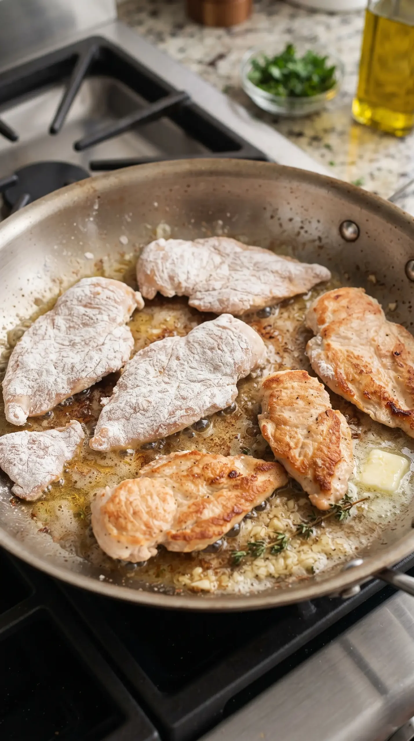 Flour-coated chicken breast pieces searing in a skillet until golden brown