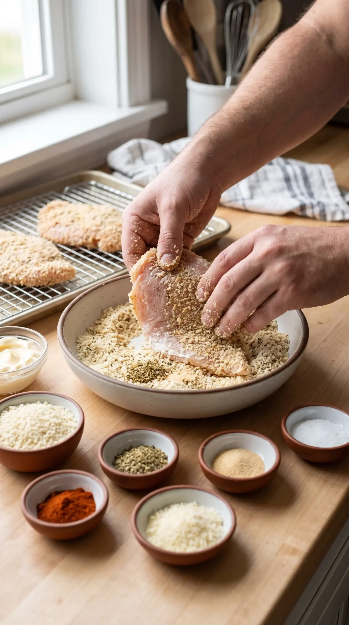 Chicken pieces coated with Parmesan panko crust mixture before baking