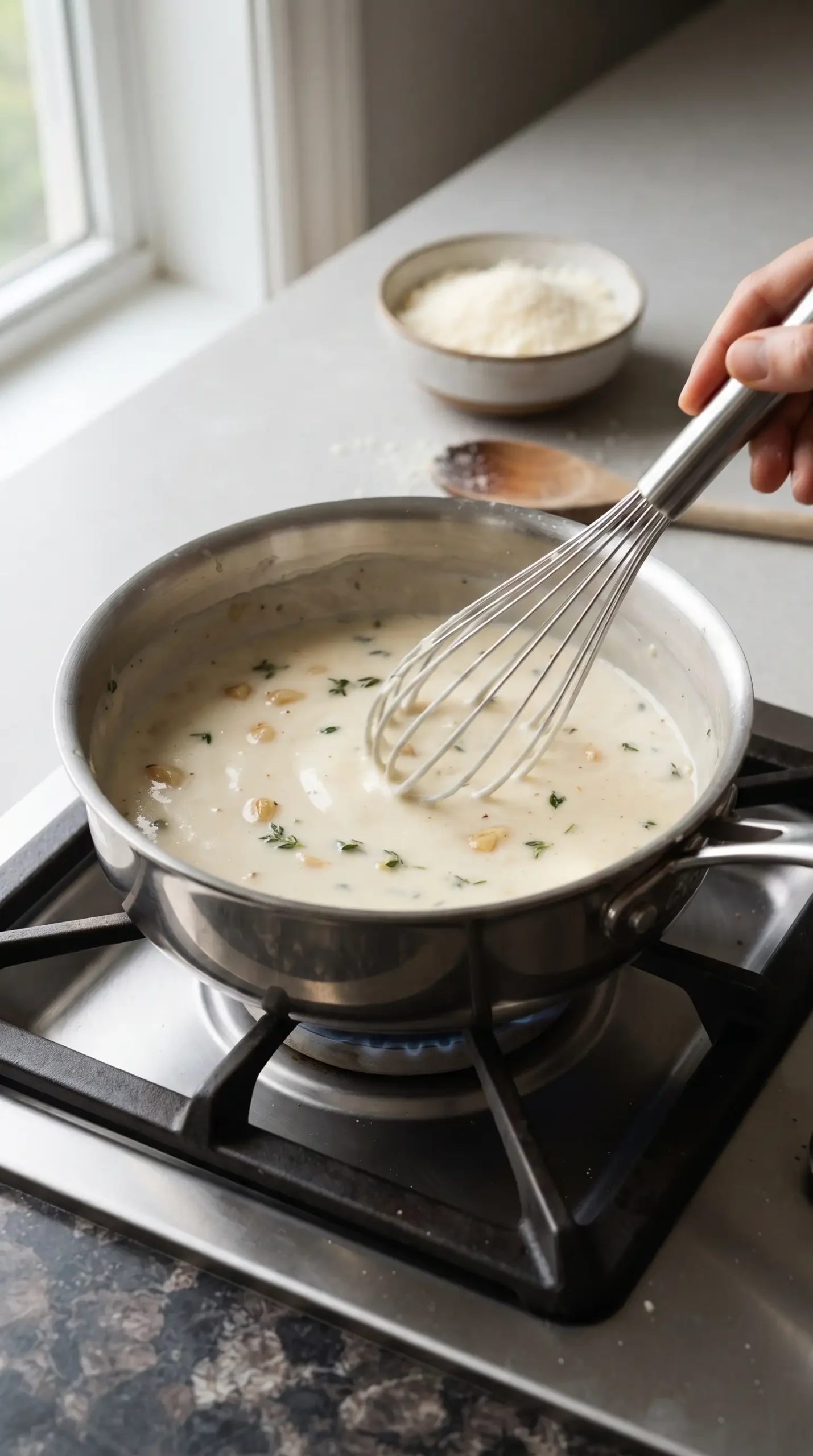 Silky Parmesan sauce being whisked with garlic and thyme in a saucepan