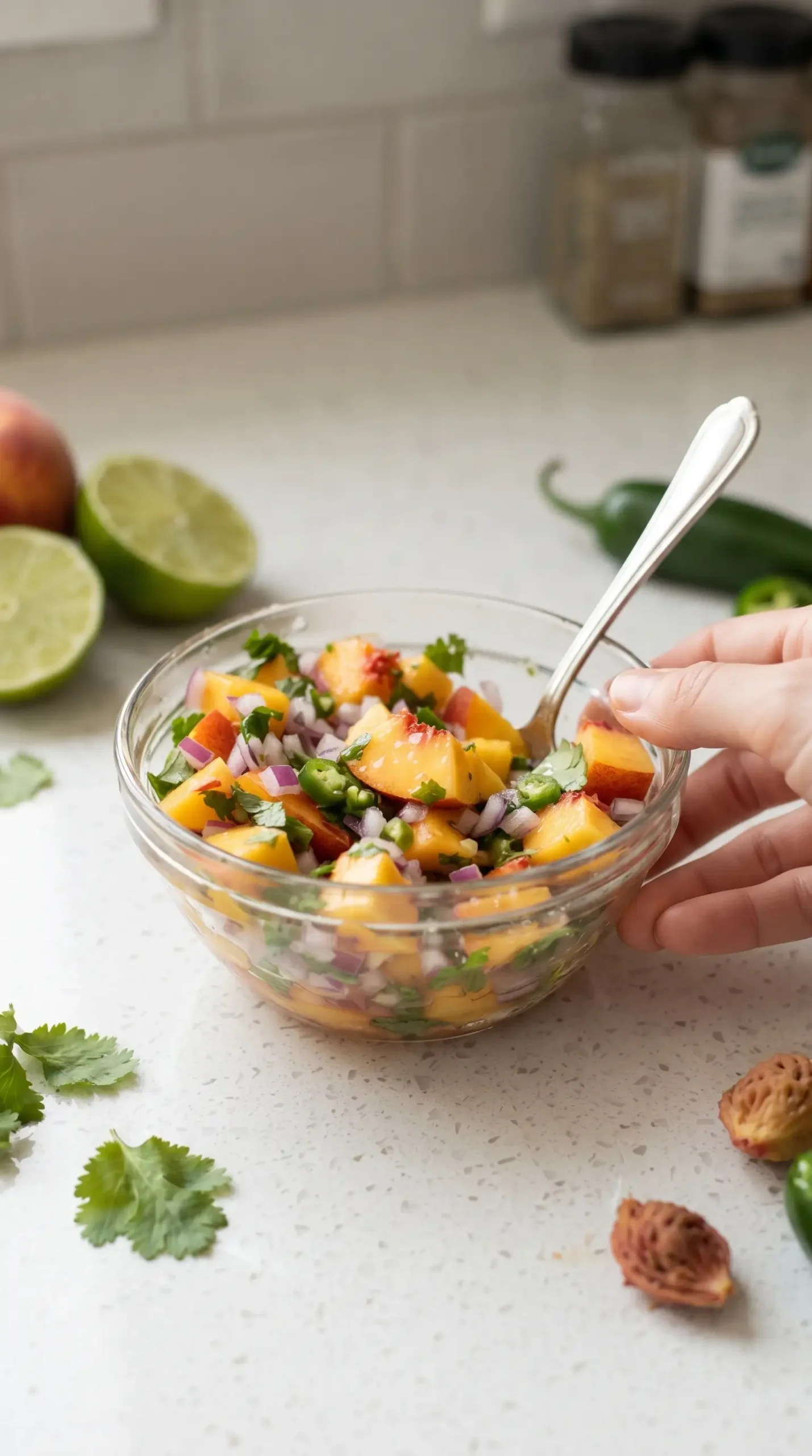 Fresh peach salsa with chopped peaches, cilantro, red onion, and jalapeño