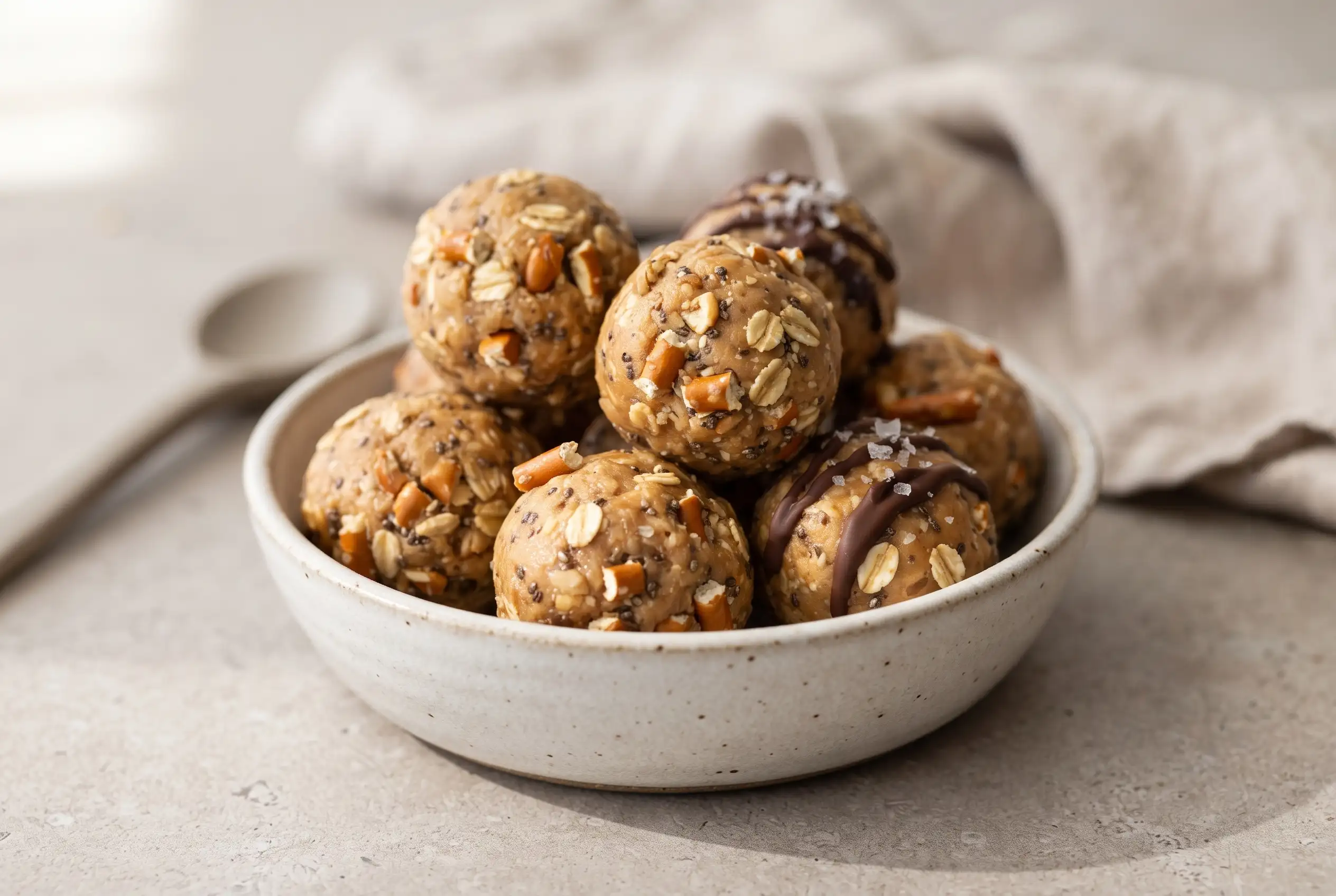 Peanut butter energy bites with oats, pretzels, chia seeds, and a textured homemade finish