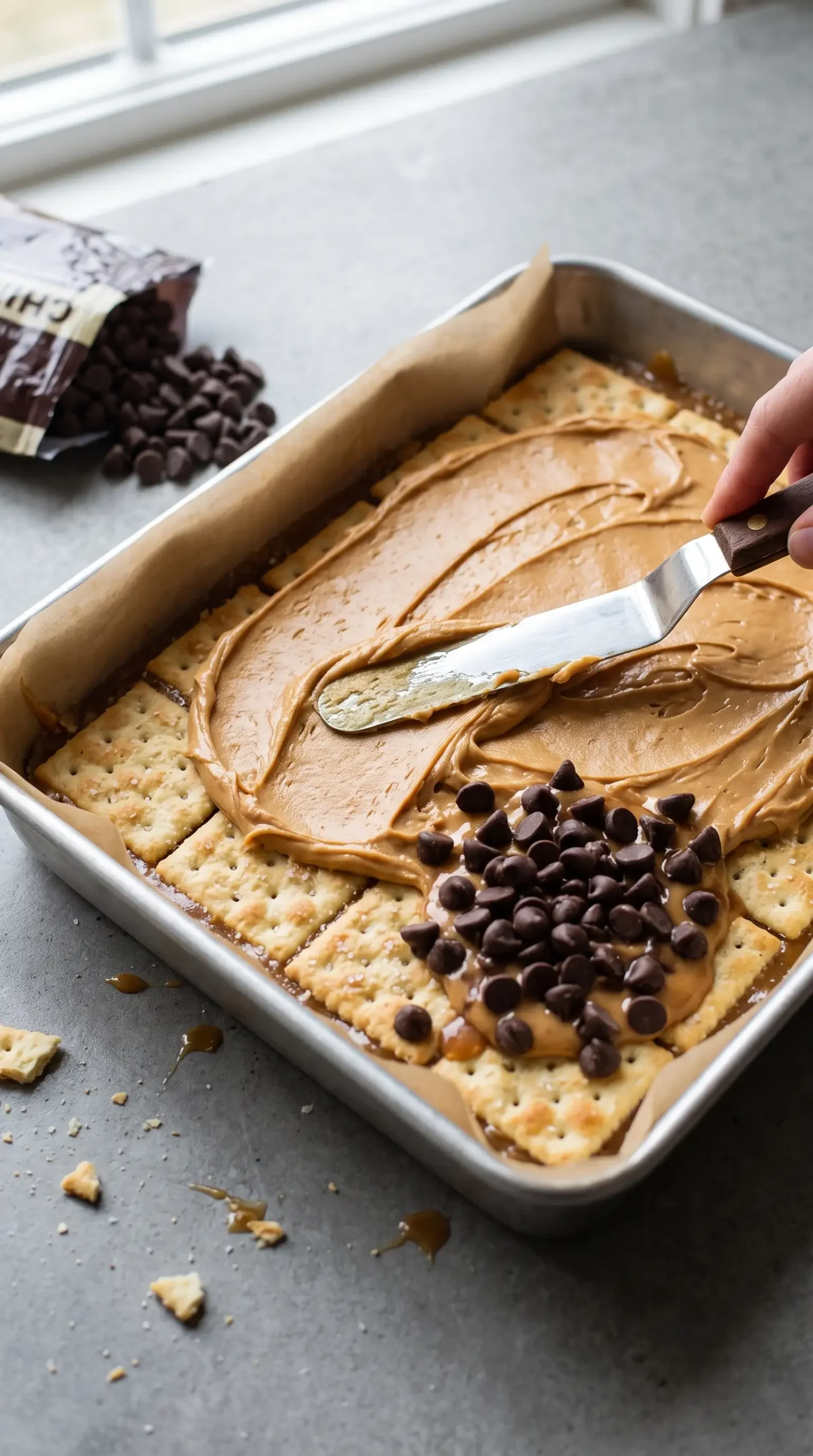Peanut butter layer being spread over a saltine toffee base in a baking dish