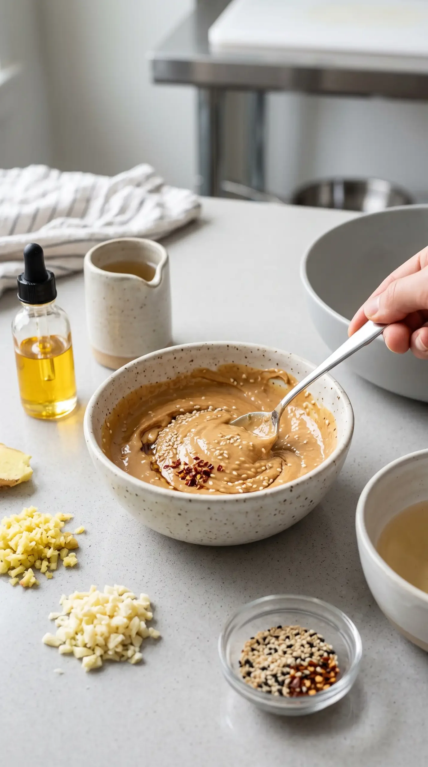 Peanut sesame sauce being mixed with sesame seeds, ginger, garlic, and seasonings