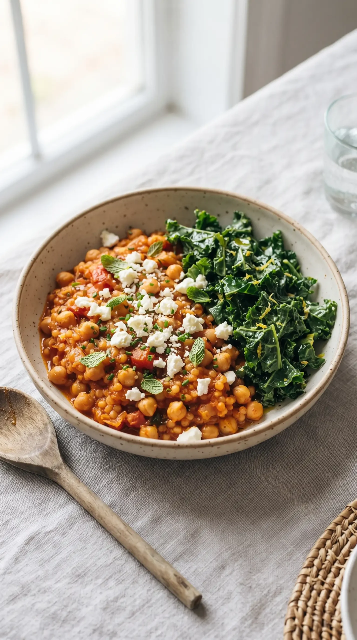 Pearl couscous skillet topped with feta, mint, chives, and dressed kale