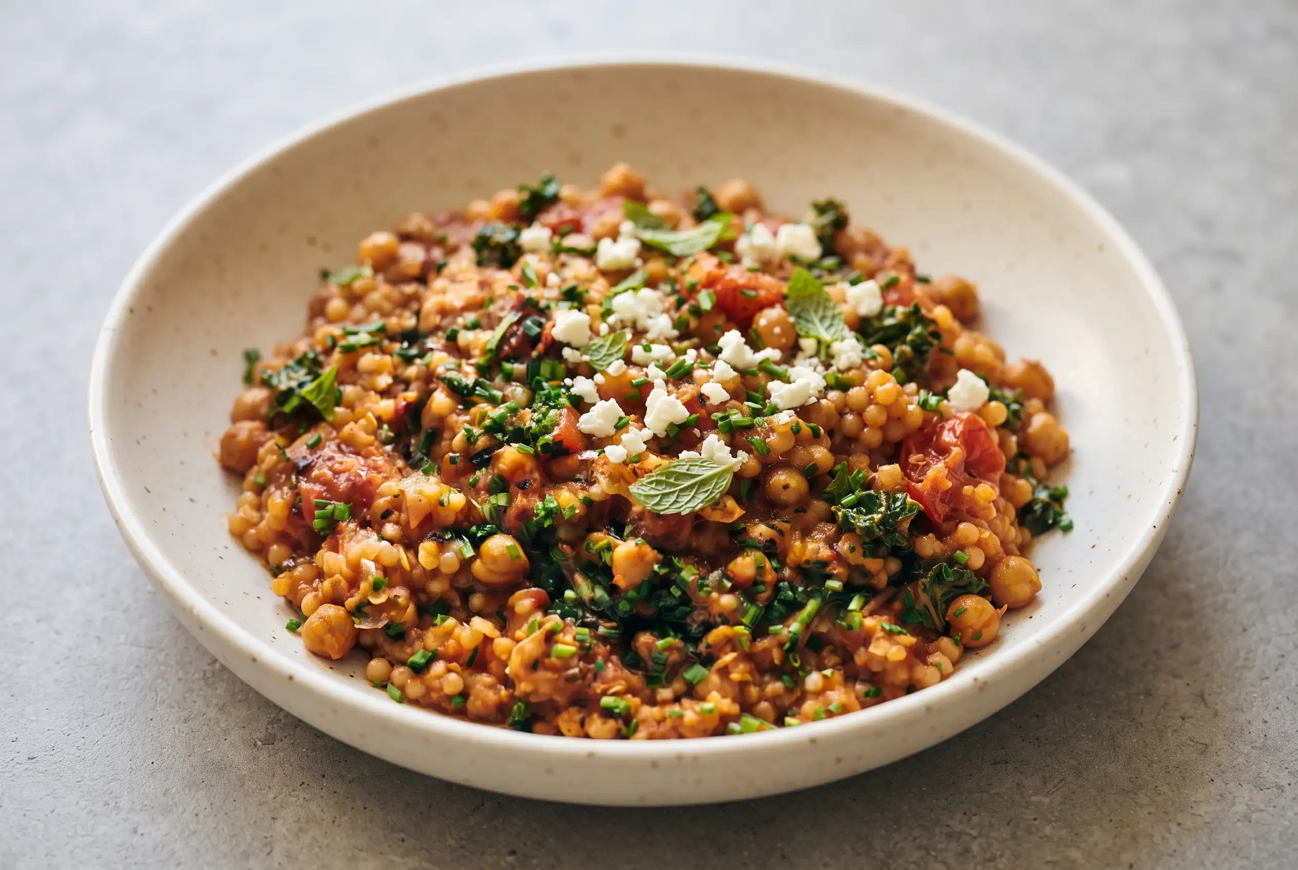 Pearl couscous skillet with tomatoes, chickpeas, kale, feta, and fresh herbs in a serving bowl