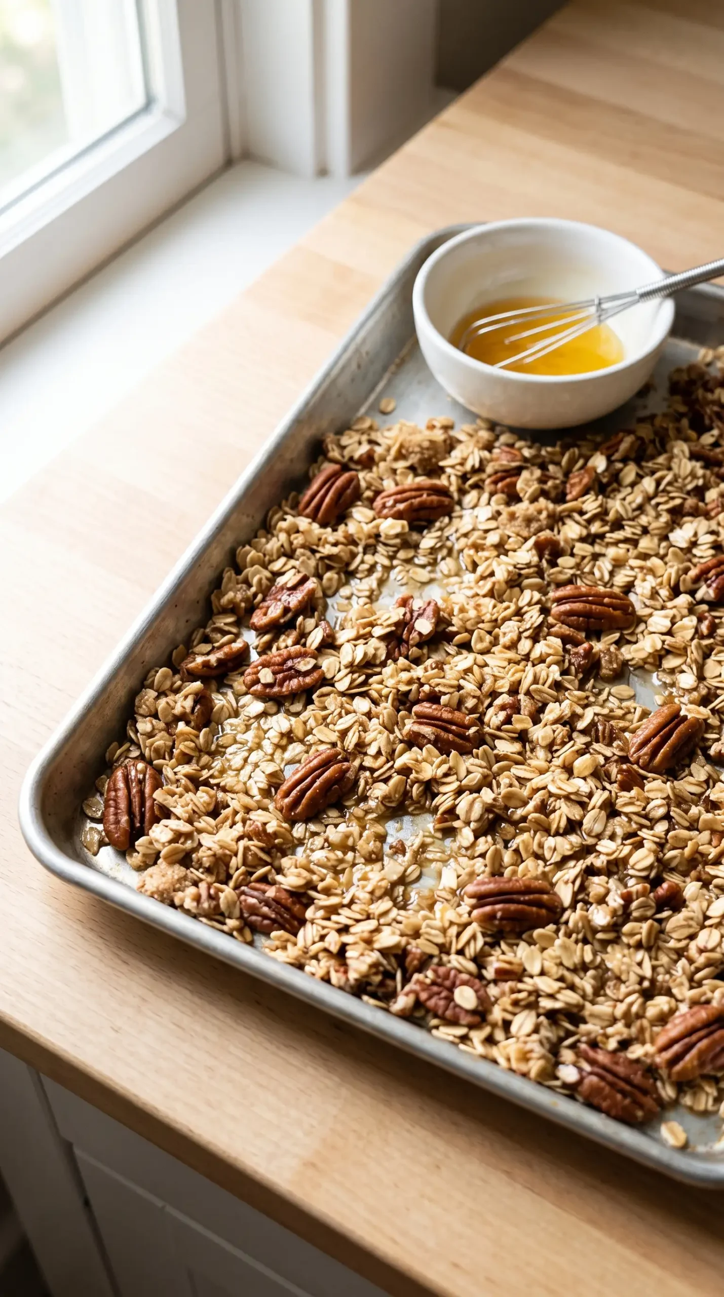 Mixed pecan granola ingredients with oats, pecans, cinnamon, honey, and oil on a baking sheet