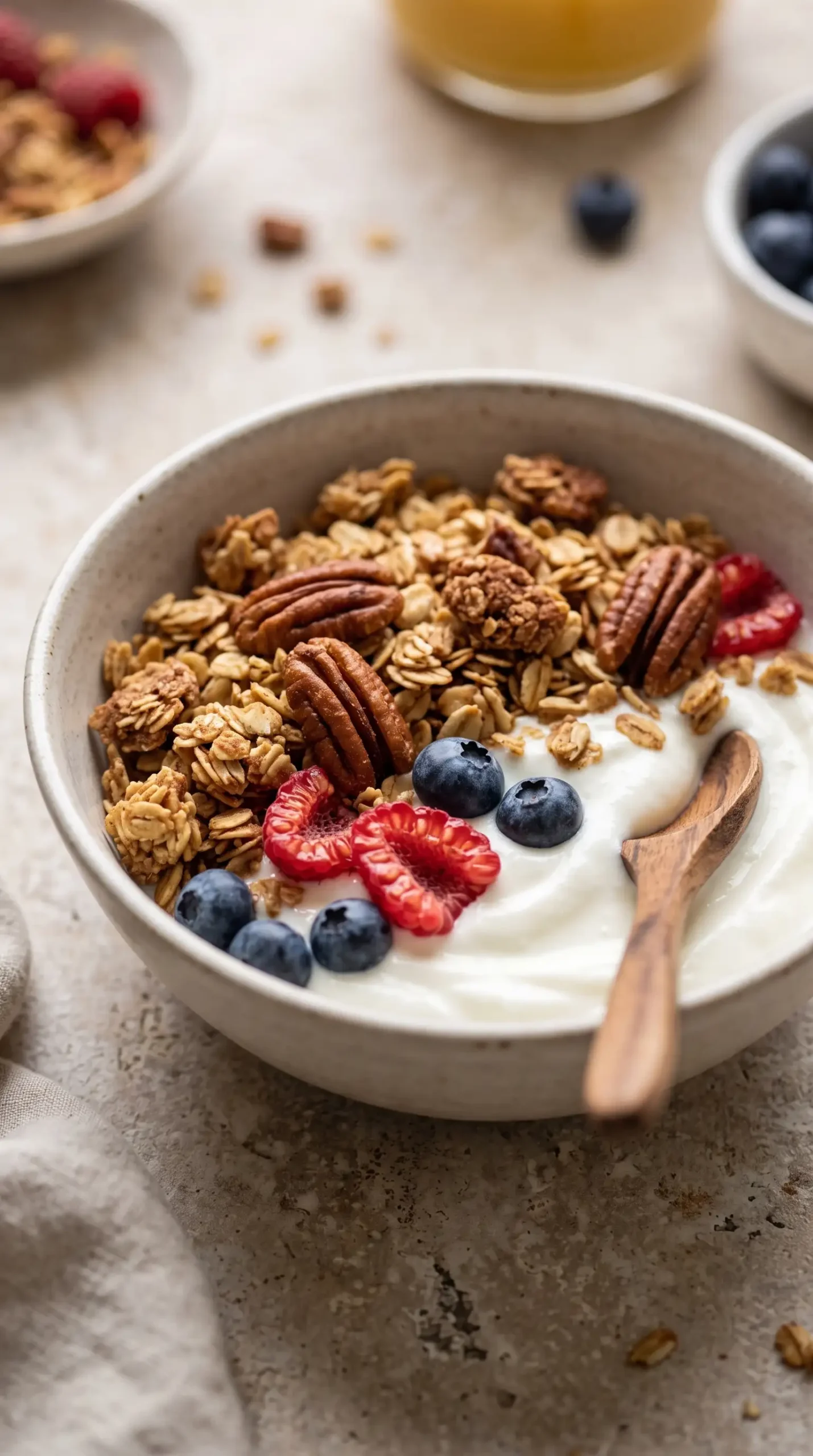 Bowl of pecan granola served with yogurt, berries, and crisp oat clusters