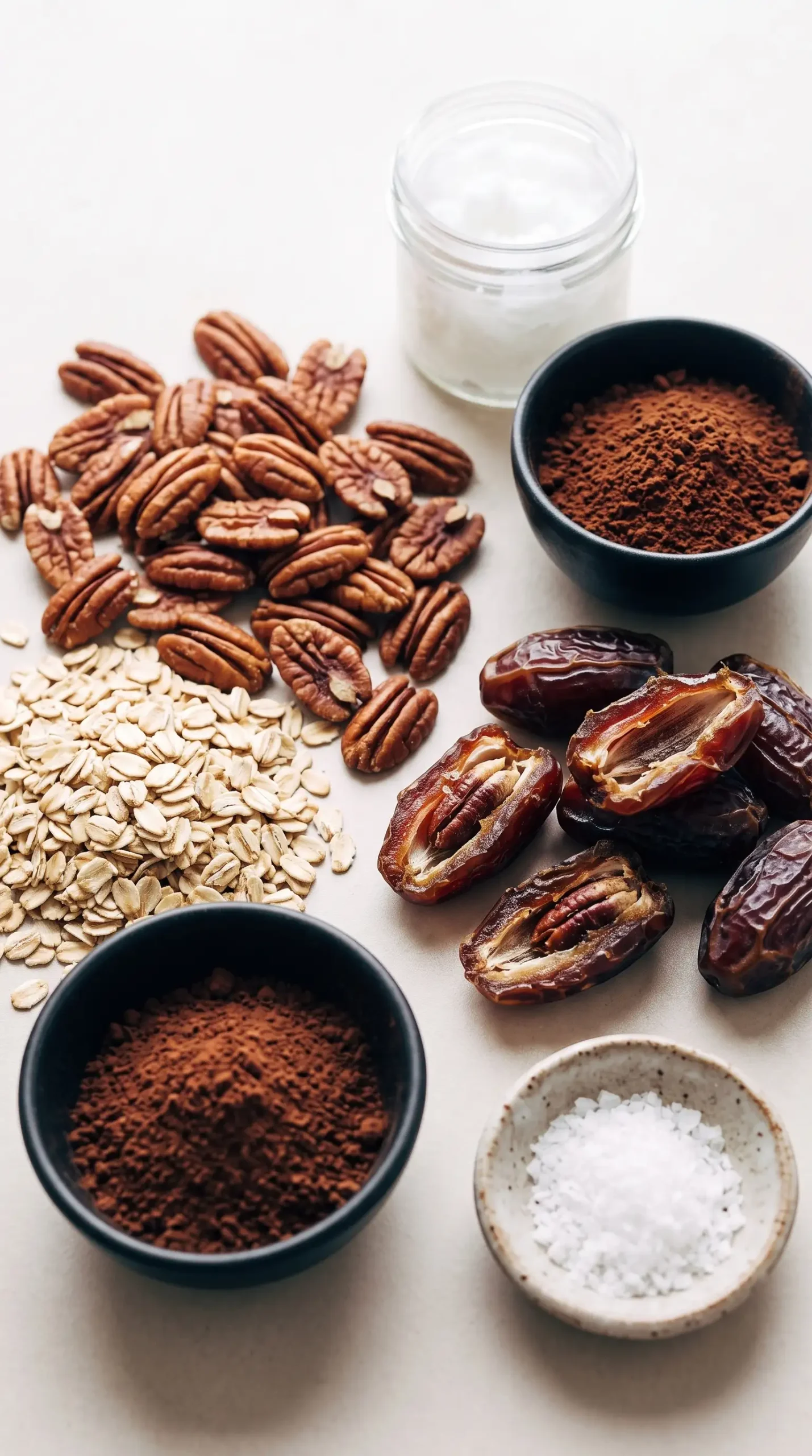 Pecans, oats, dates, cocoa, coconut oil, and sea salt for snack bars