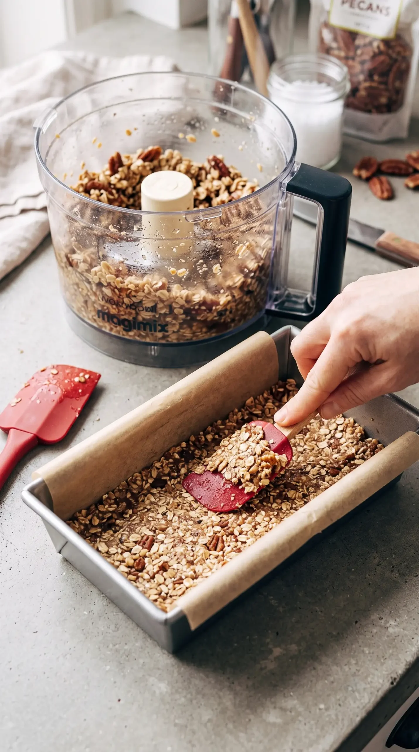 Food processor mixing pecan oat crust mixture for raw chocolate snack bars