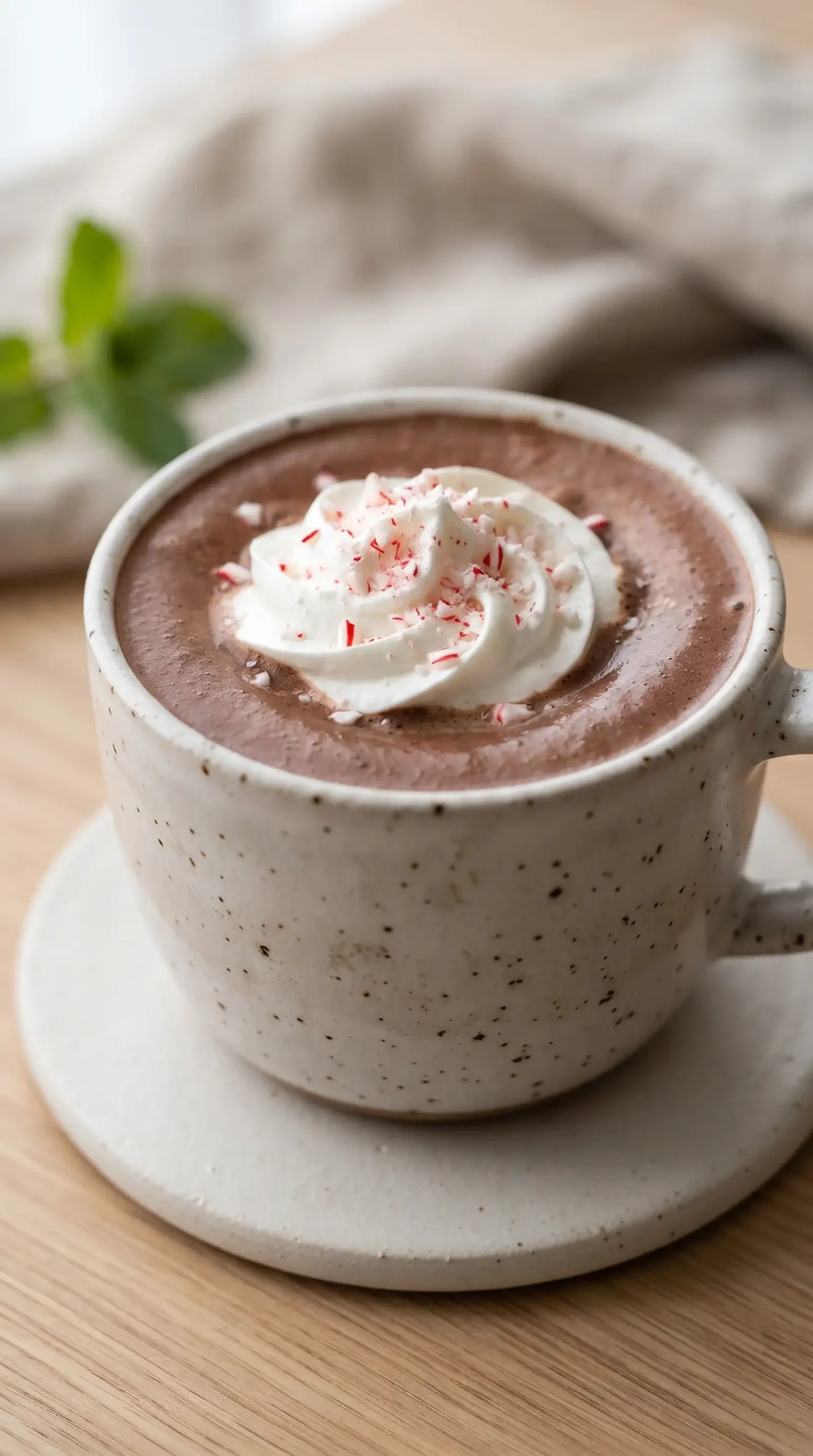 Finished peppermint mocha topped with whipped cream and crushed candy cane pieces
