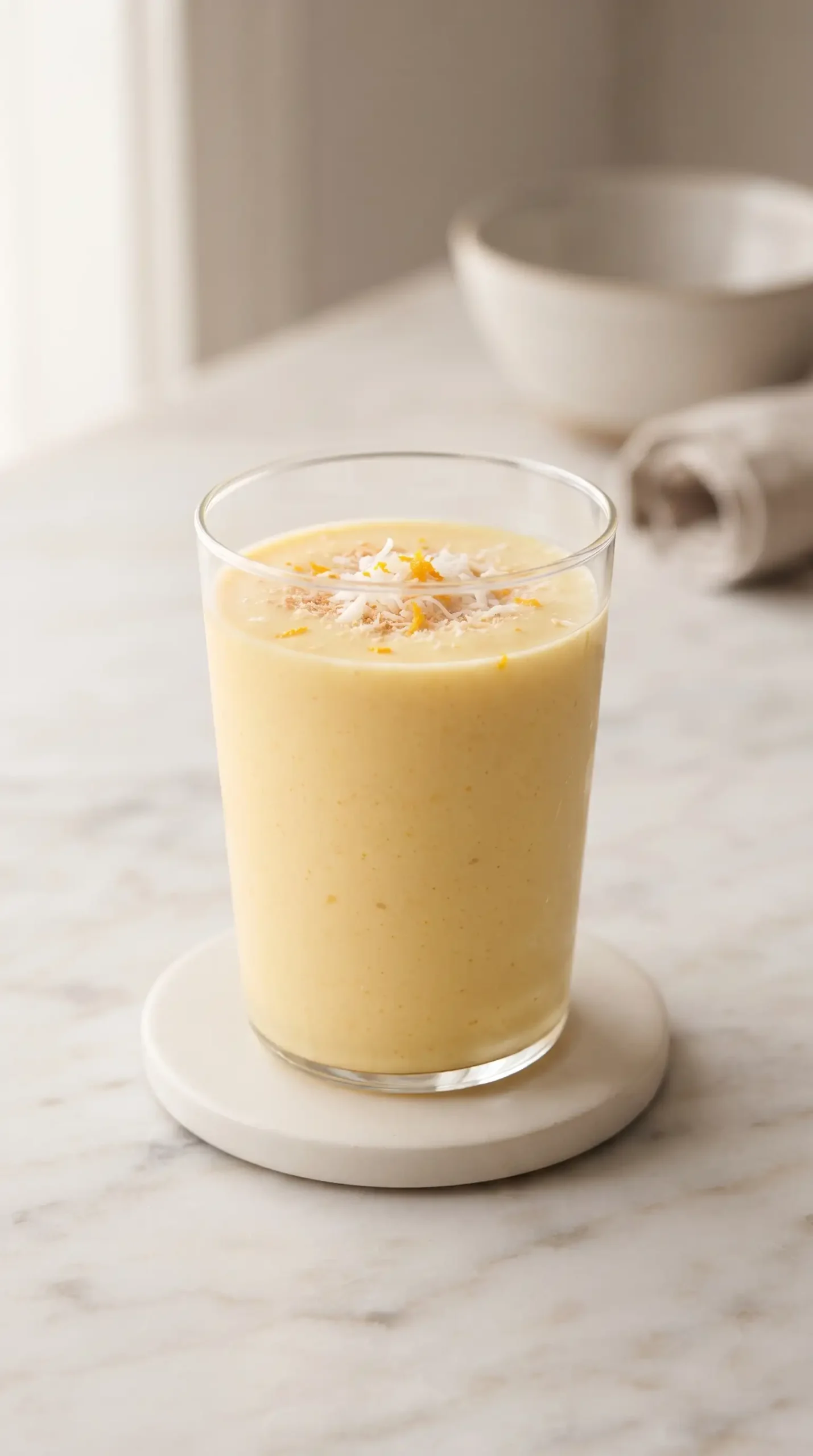 Pineapple orange smoothie served with coconut and orange zest garnish