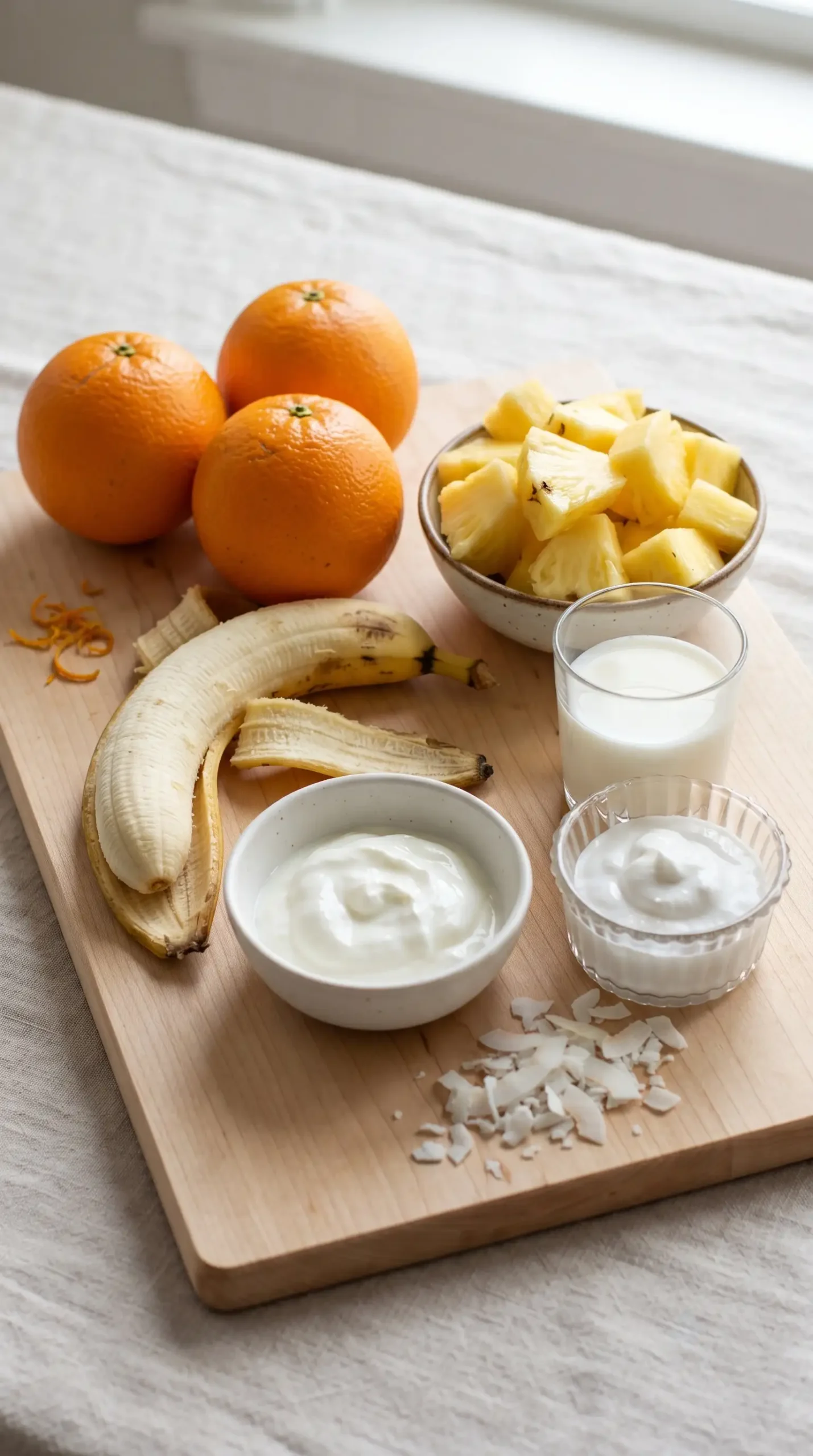 Fresh oranges, banana, pineapple, yogurt, and milk ingredients for a smoothie