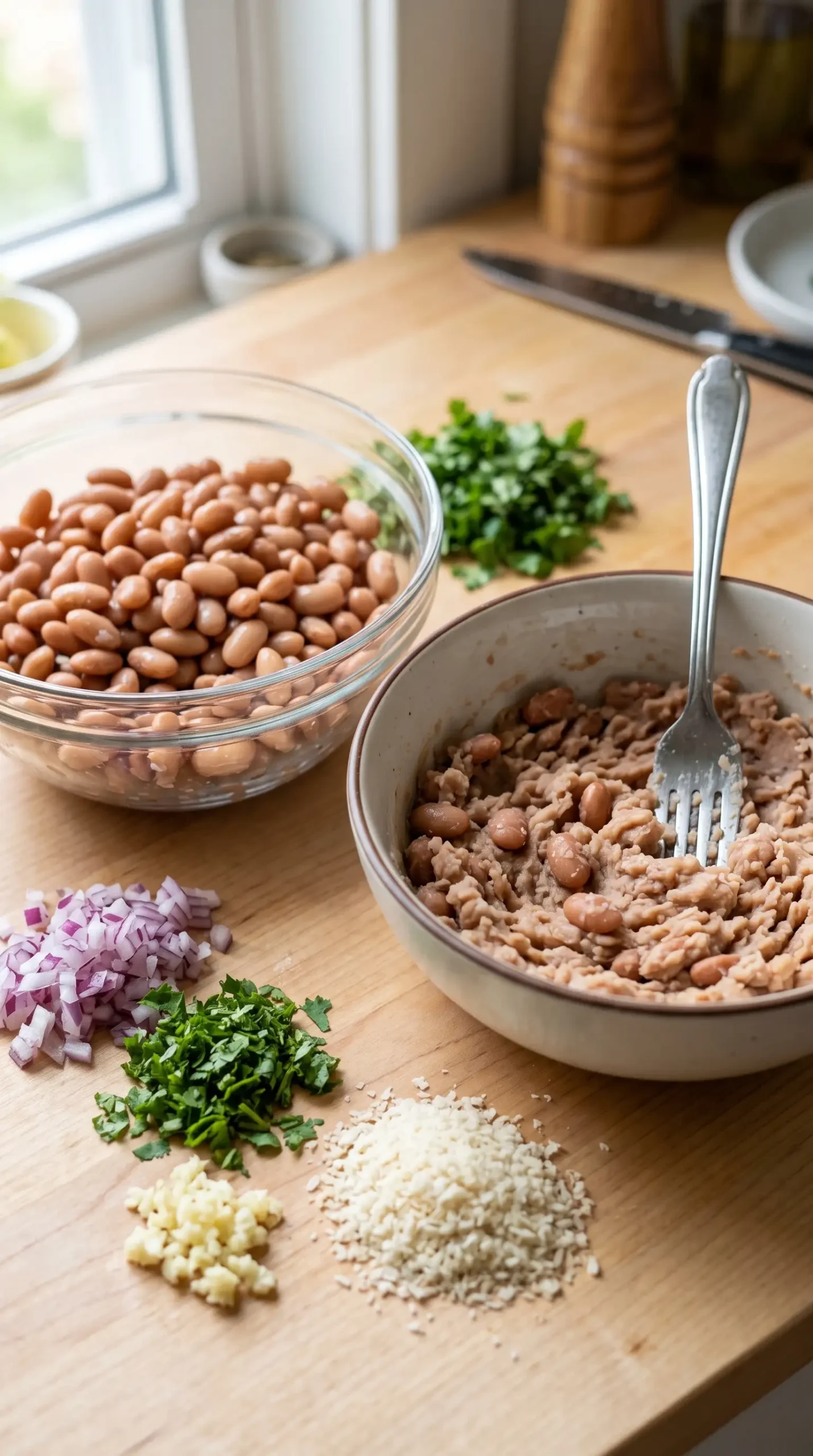 Pinto beans prepared for bean burgers with mashed beans, cilantro, garlic, and breadcrumbs