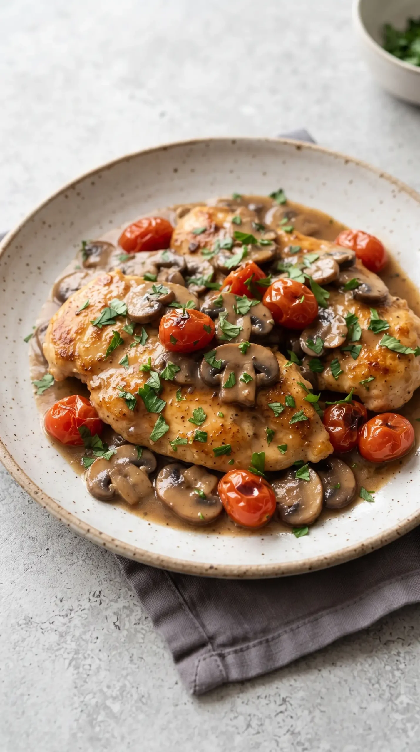Chicken marsala topped with mushroom sauce, cherry tomatoes, and fresh parsley