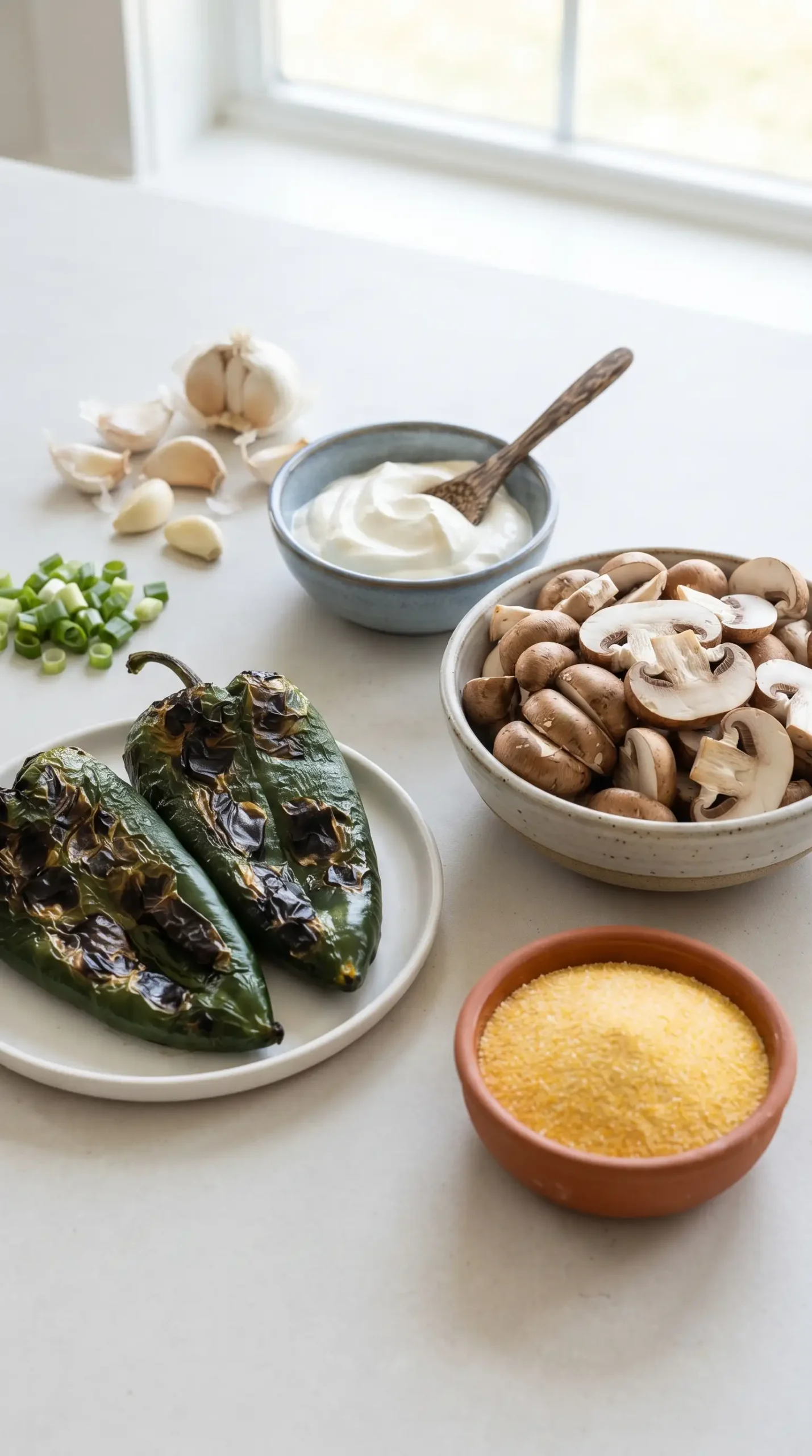 Roasted poblanos, sliced mushrooms, sour cream, garlic, green onions, and cornmeal ingredients