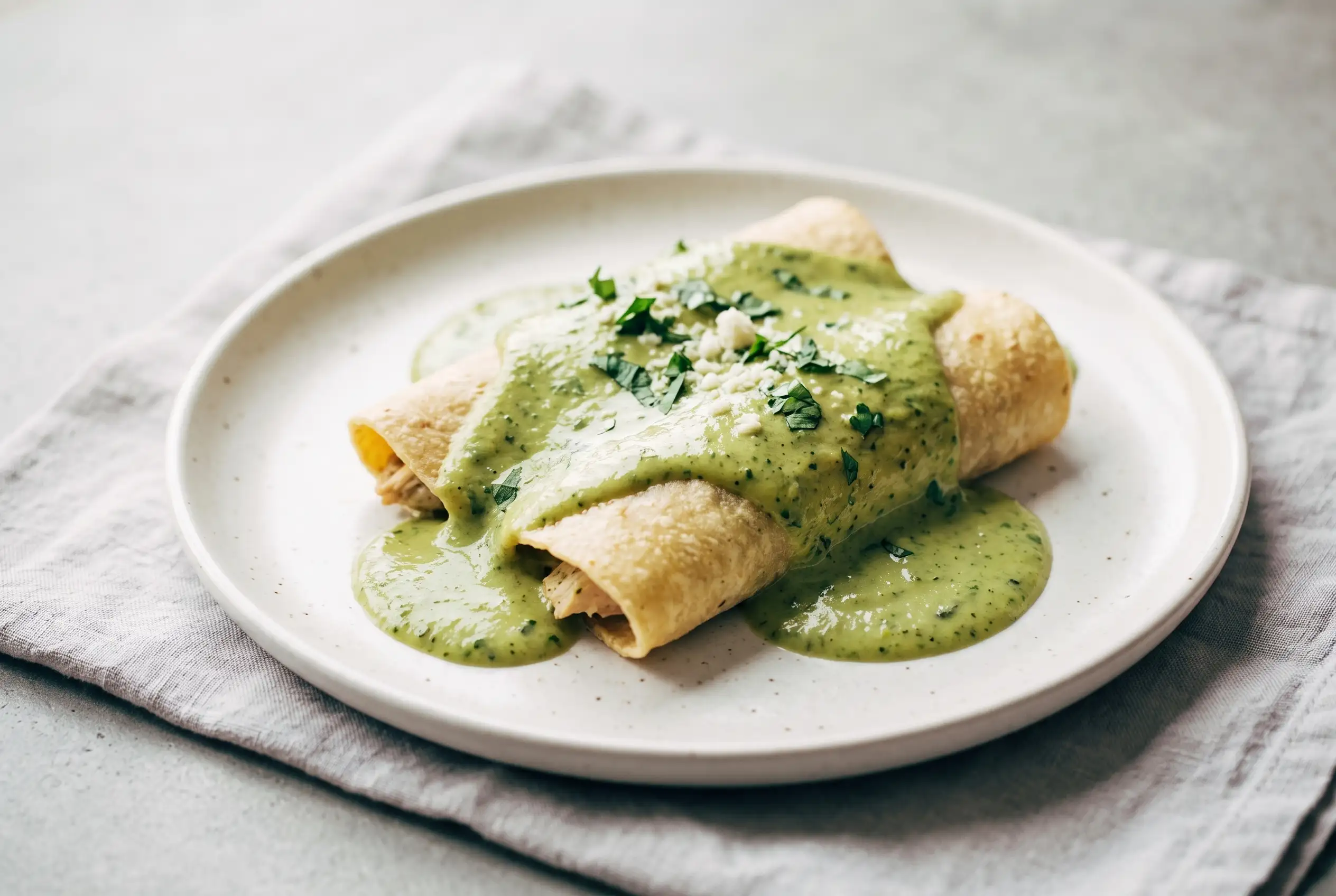 Creamy poblano sauce with spinach and roasted peppers served over enchiladas