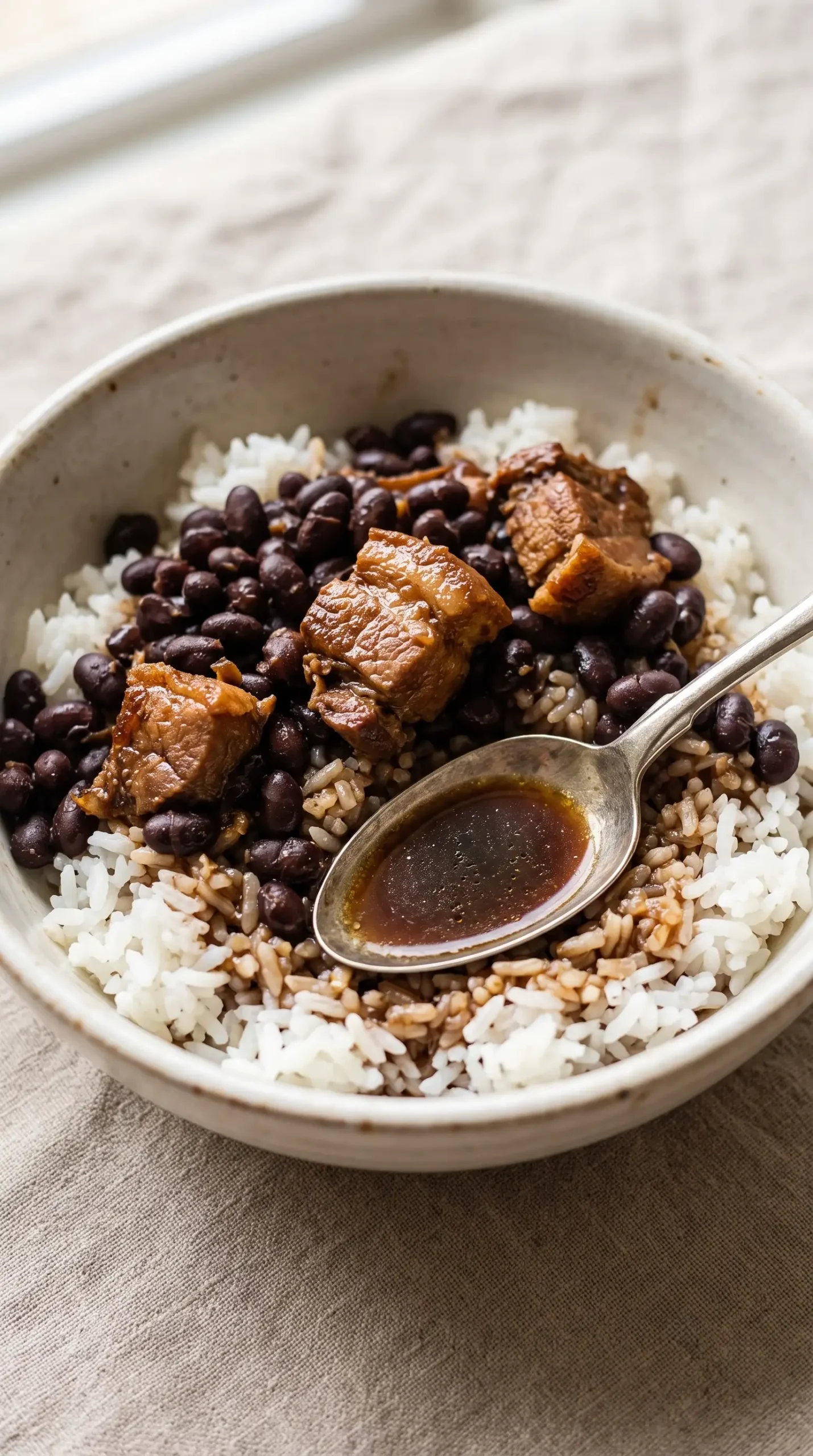 Finished pork adobo with black beans and sauce served over warm white rice