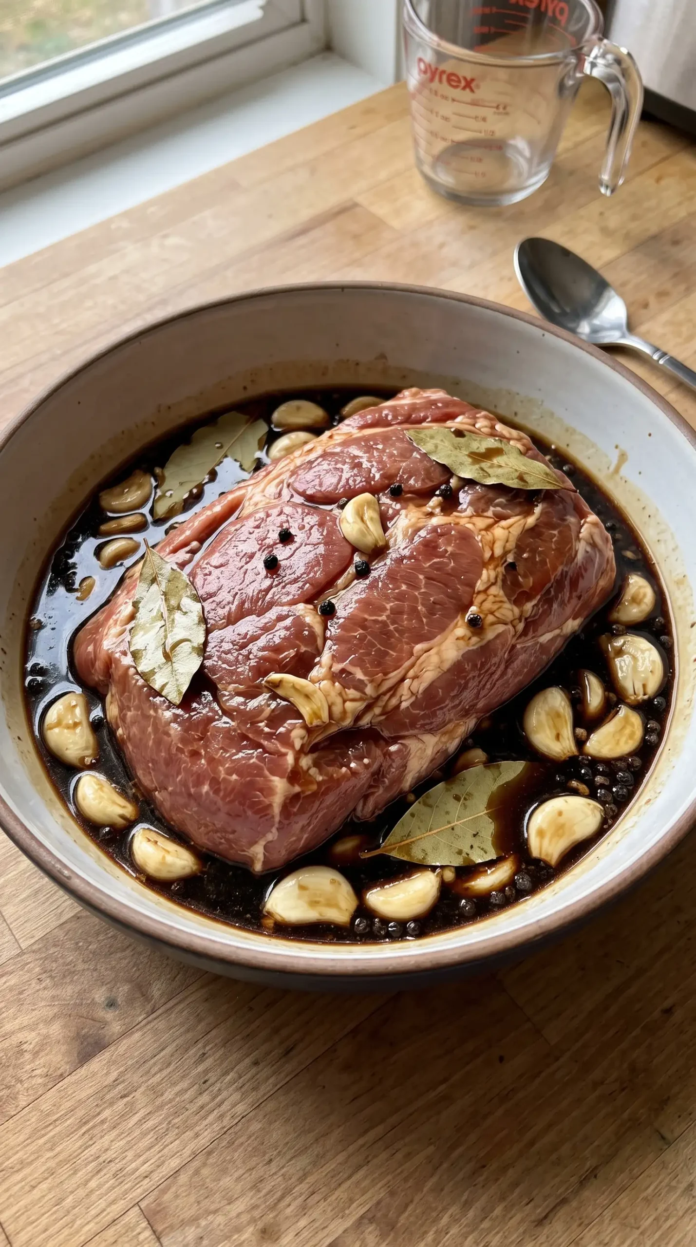 Pork shoulder marinating with soy sauce, garlic, bay leaves, and peppercorns