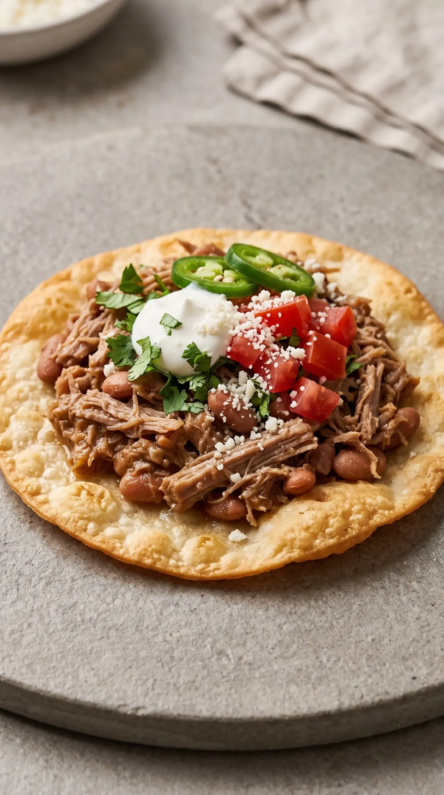 Finished pork and bean chalupa topped with sour cream, cilantro, tomatoes, jalapeños, and cheese