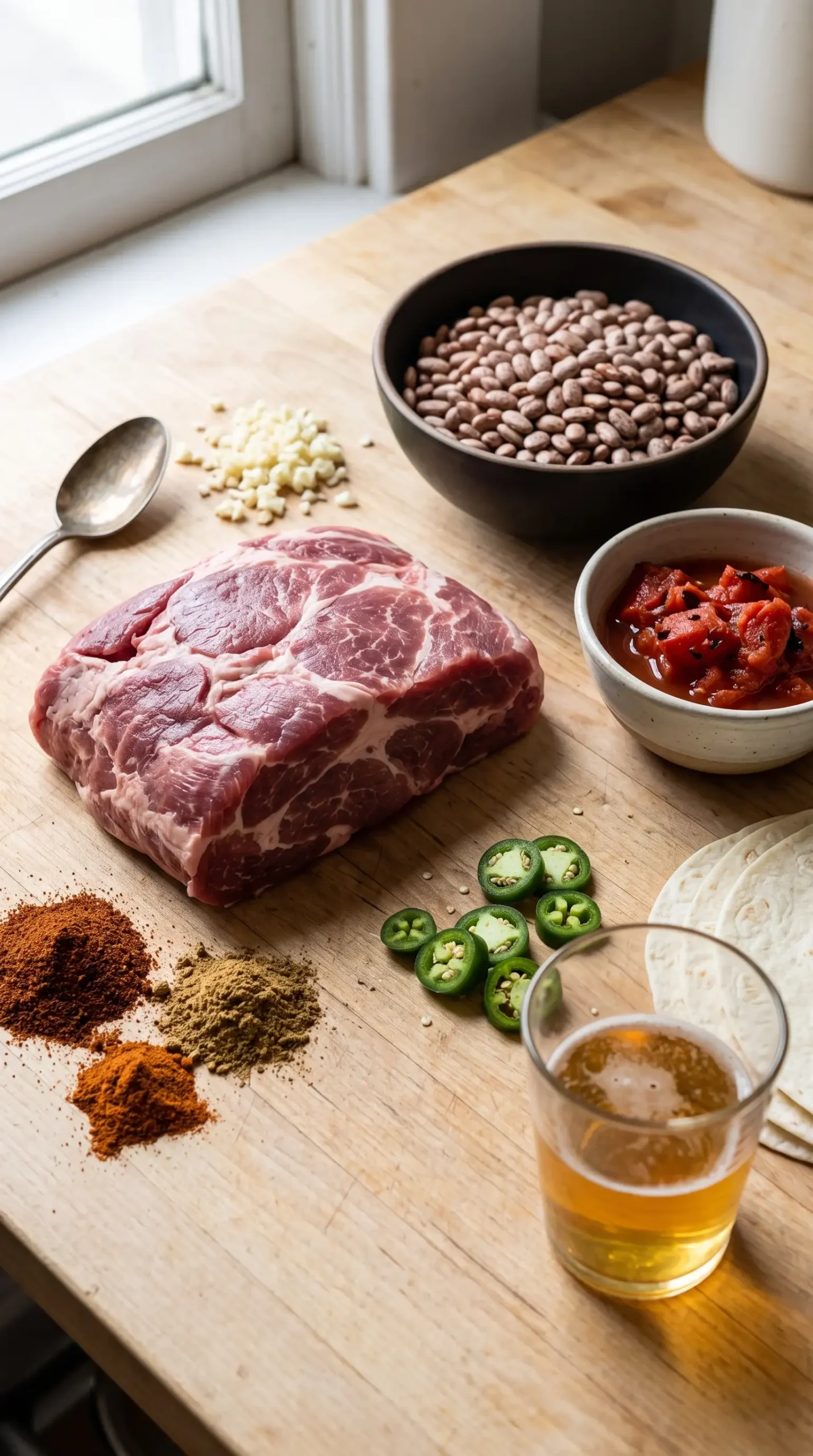 Pork shoulder, pinto beans, tomatoes, garlic, jalapeños, and spices for chalupa filling
