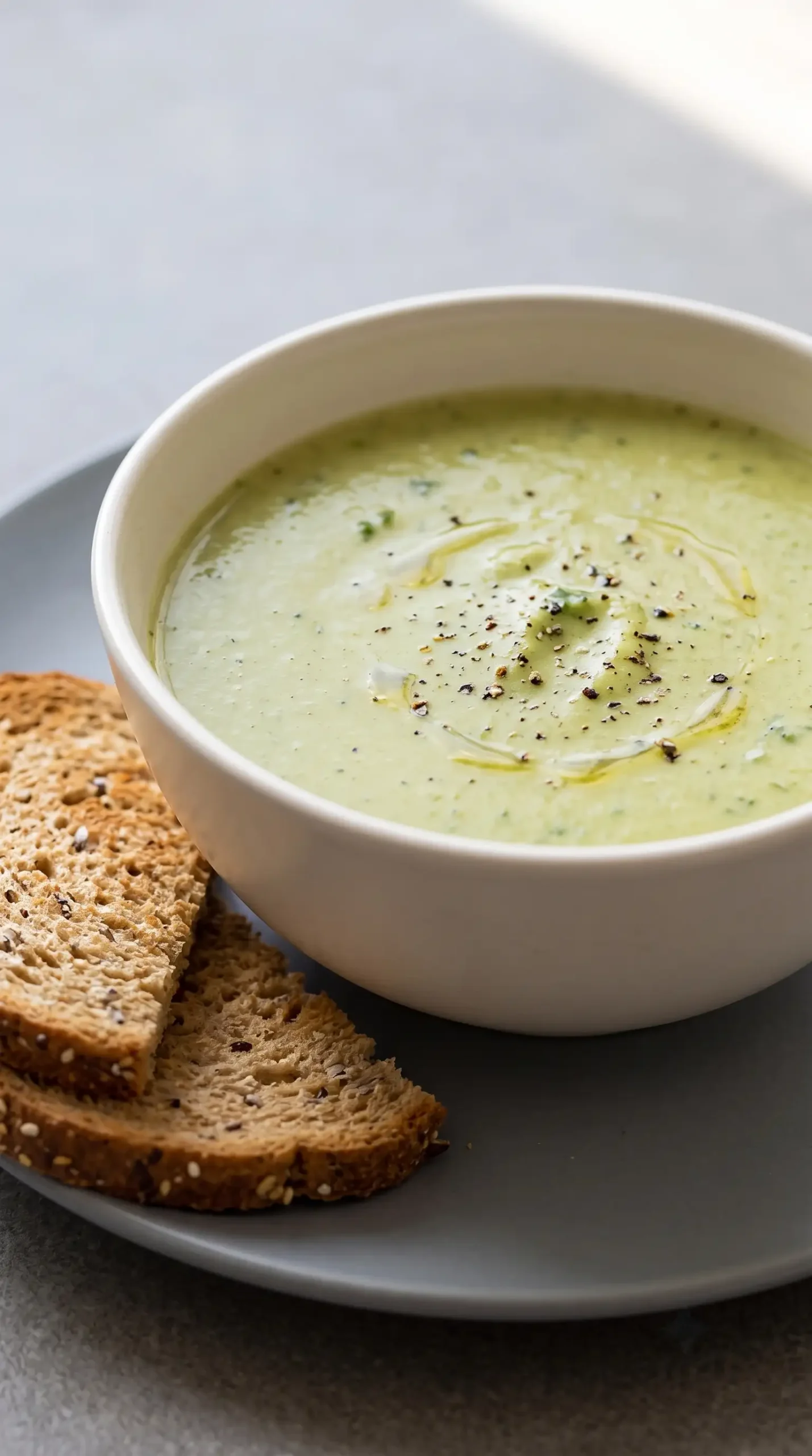 Bowl of creamy potato kale soup served with toasted wheat bread