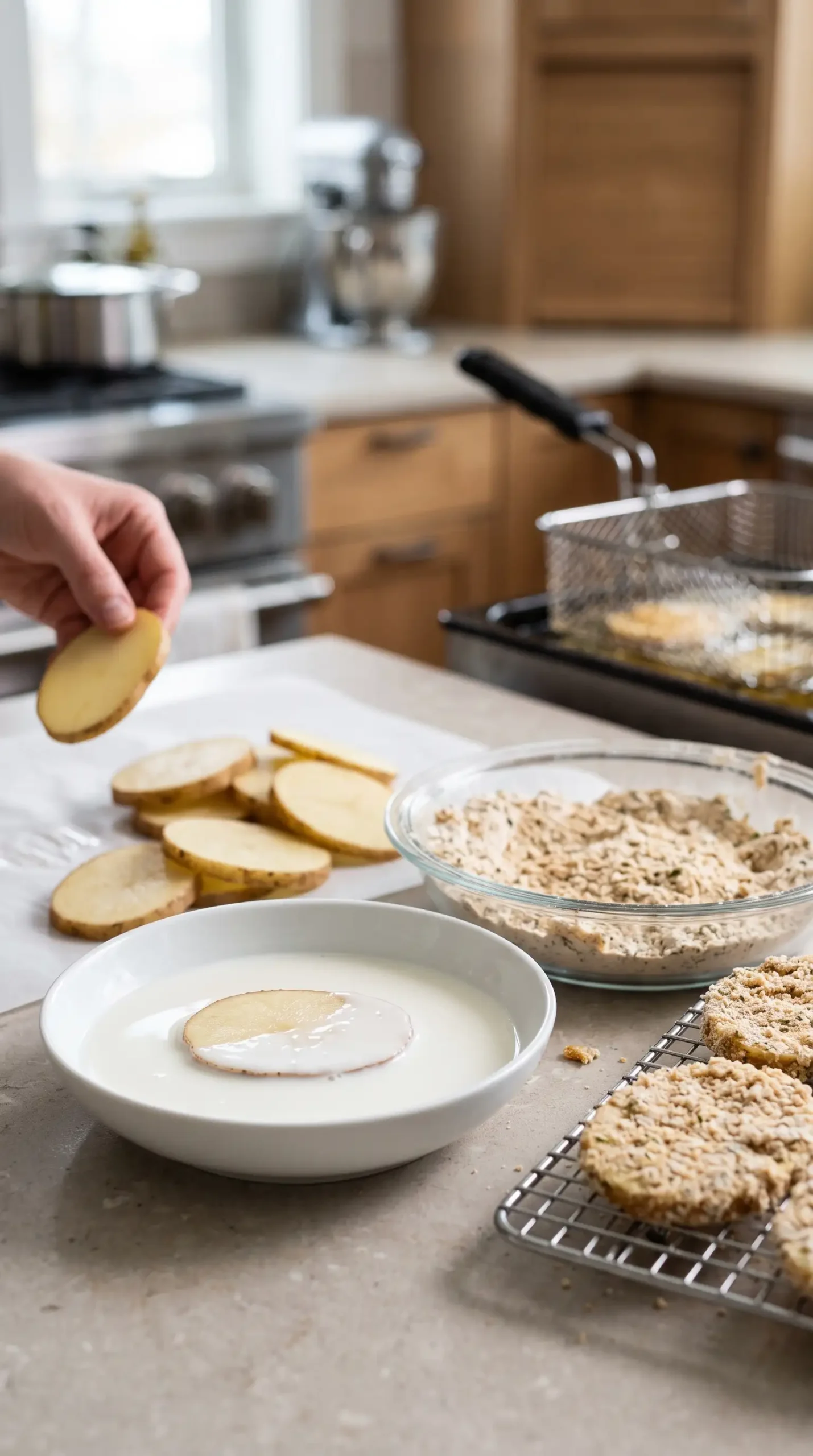 Potato slices dipped in milk and coated with breading mix before frying