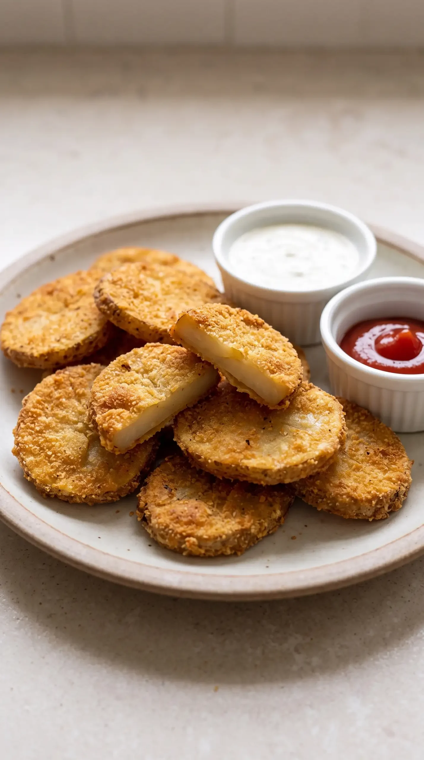 Crispy potato mojos served with ranch and ketchup dipping sauces