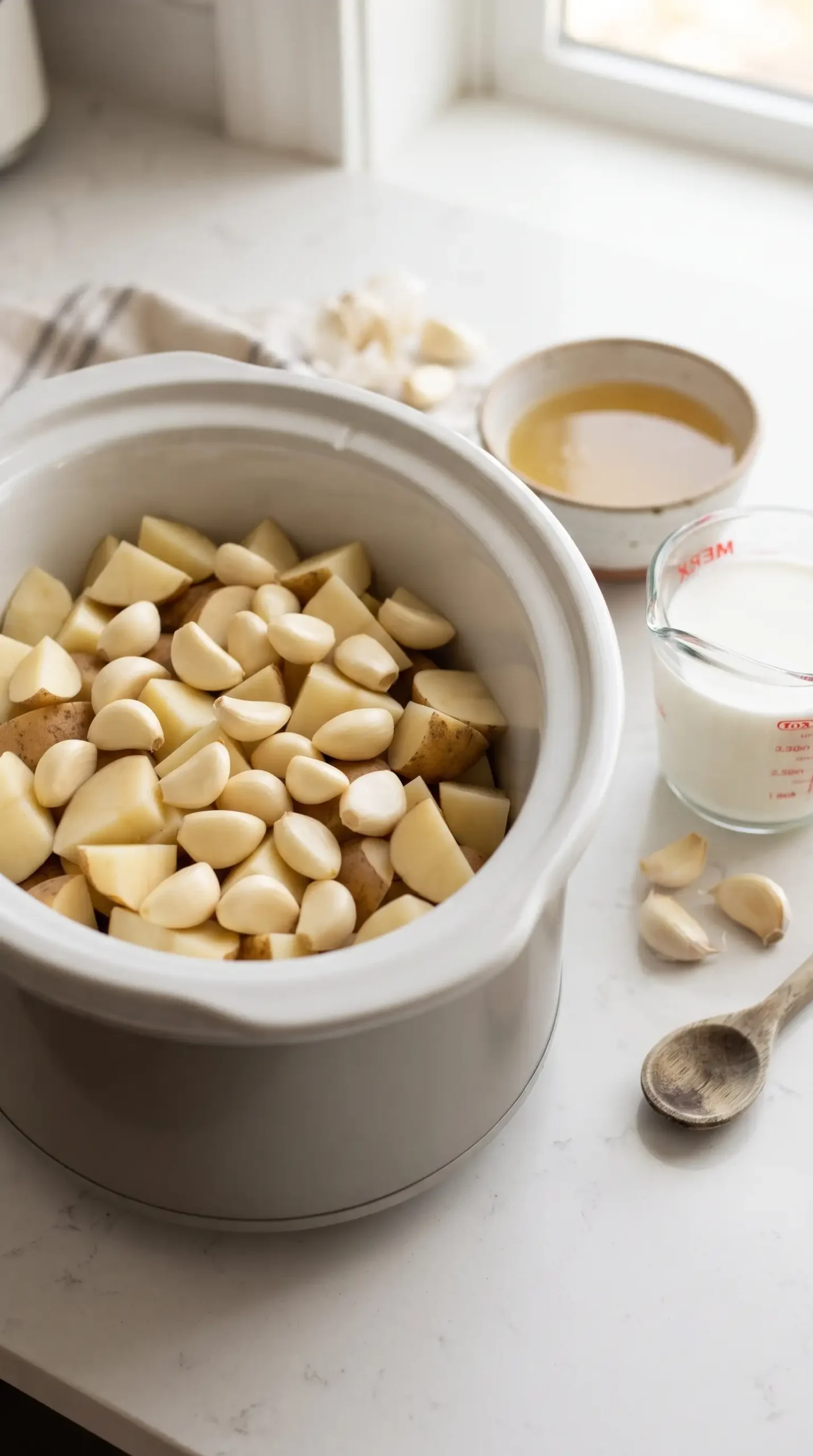 Russet potatoes with garlic, milk, and broth prepared for slow cooker mashed potatoes